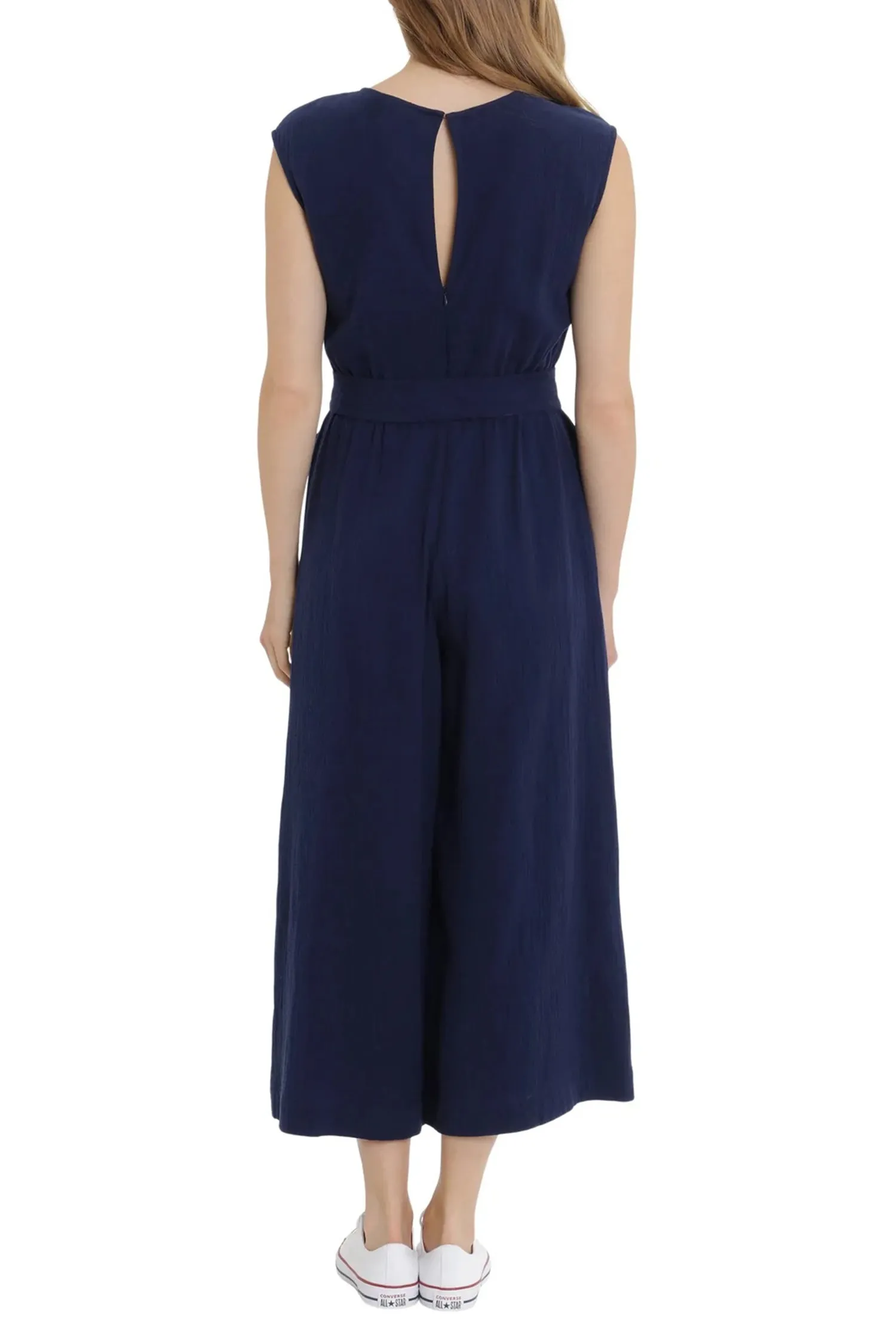 London Times V-Neck Sleeveless Tie Waist Solid Cotton Jumpsuit