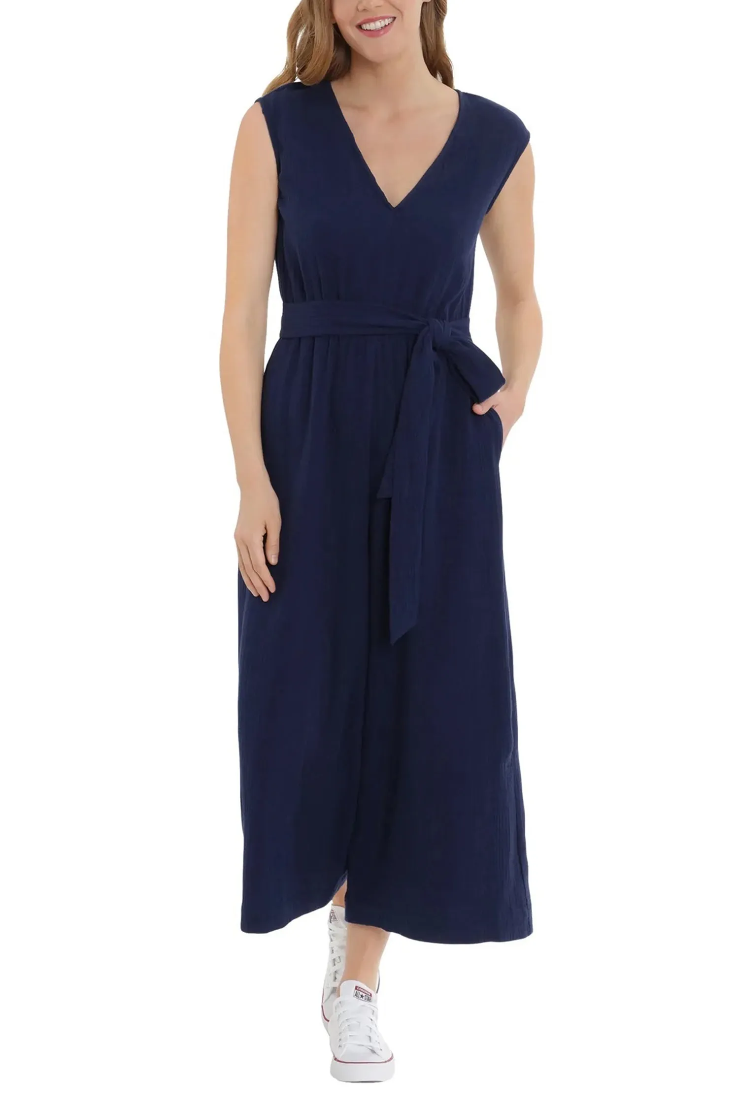 London Times V-Neck Sleeveless Tie Waist Solid Cotton Jumpsuit