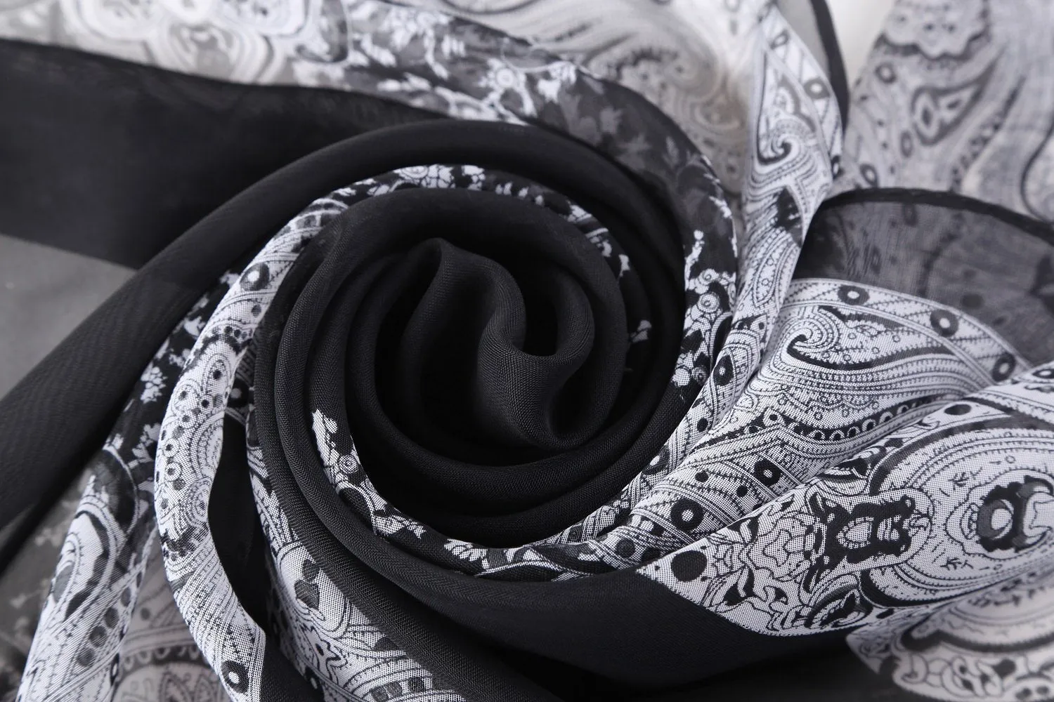 Long Sheer Chiffon Scarf Black Theme Paisley Print CHL422