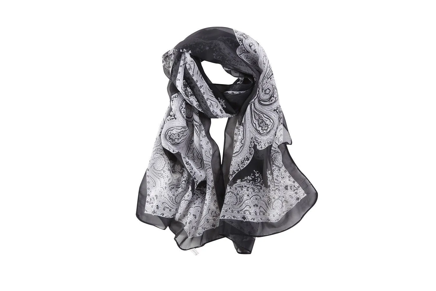 Long Sheer Chiffon Scarf Black Theme Paisley Print CHL422