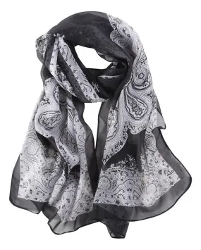 Long Sheer Chiffon Scarf Black Theme Paisley Print CHL422