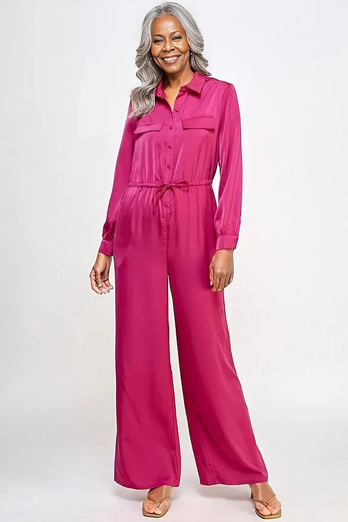 Long Sleeve Jumpsuit With Waist Drawstring - 5 colors