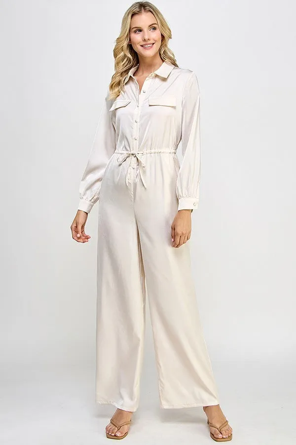 Long Sleeve Jumpsuit With Waist Drawstring - 5 colors