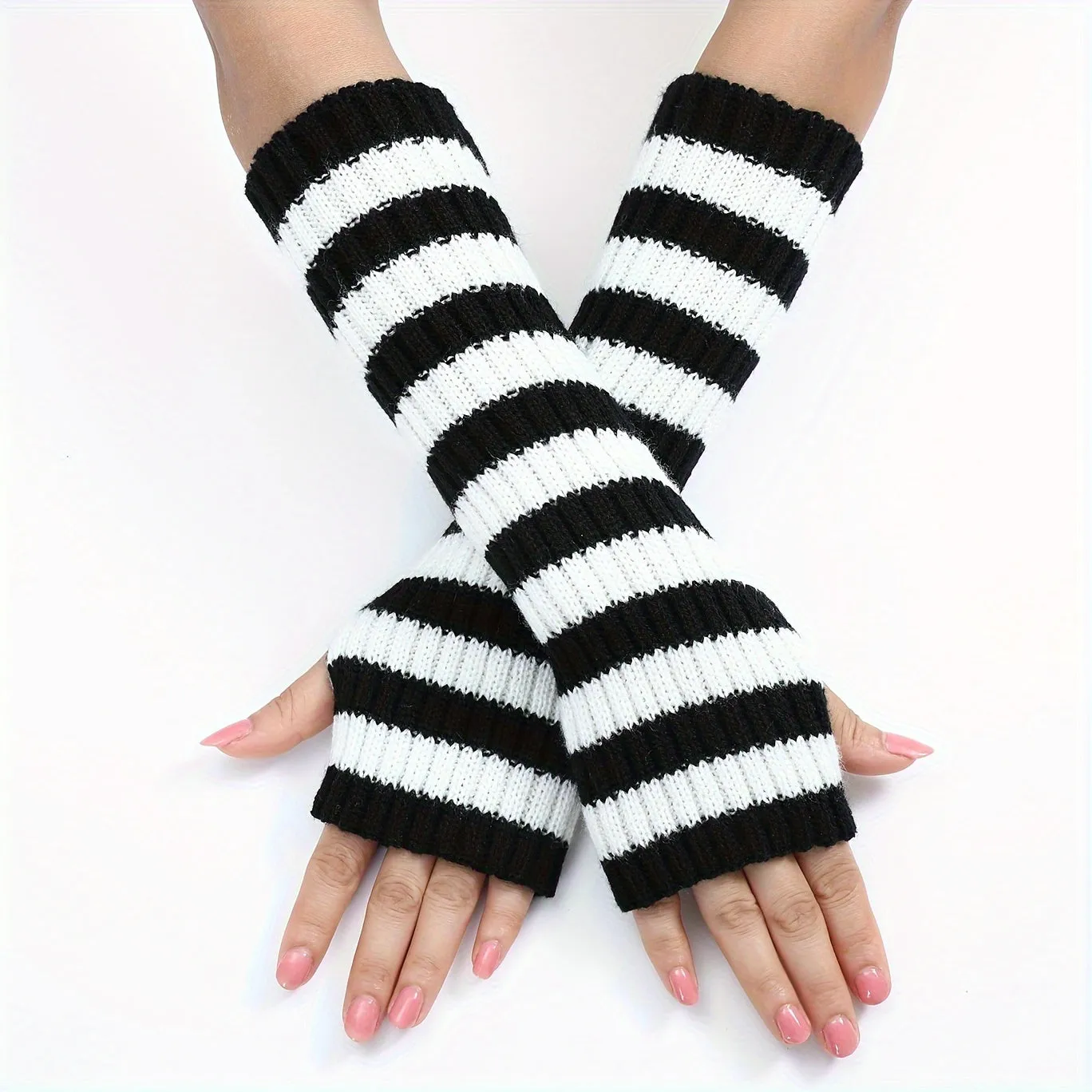 Long Thermal Striped Knit Gloves - Soft Elastic Cuff, Warm Arm Coverage, Fingerless Coldproof Design for Unisex - Perfect for Autumn and Winter Seasons