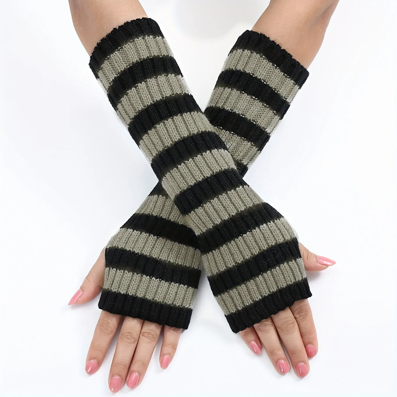 Long Thermal Striped Knit Gloves - Soft Elastic Cuff, Warm Arm Coverage, Fingerless Coldproof Design for Unisex - Perfect for Autumn and Winter Seasons