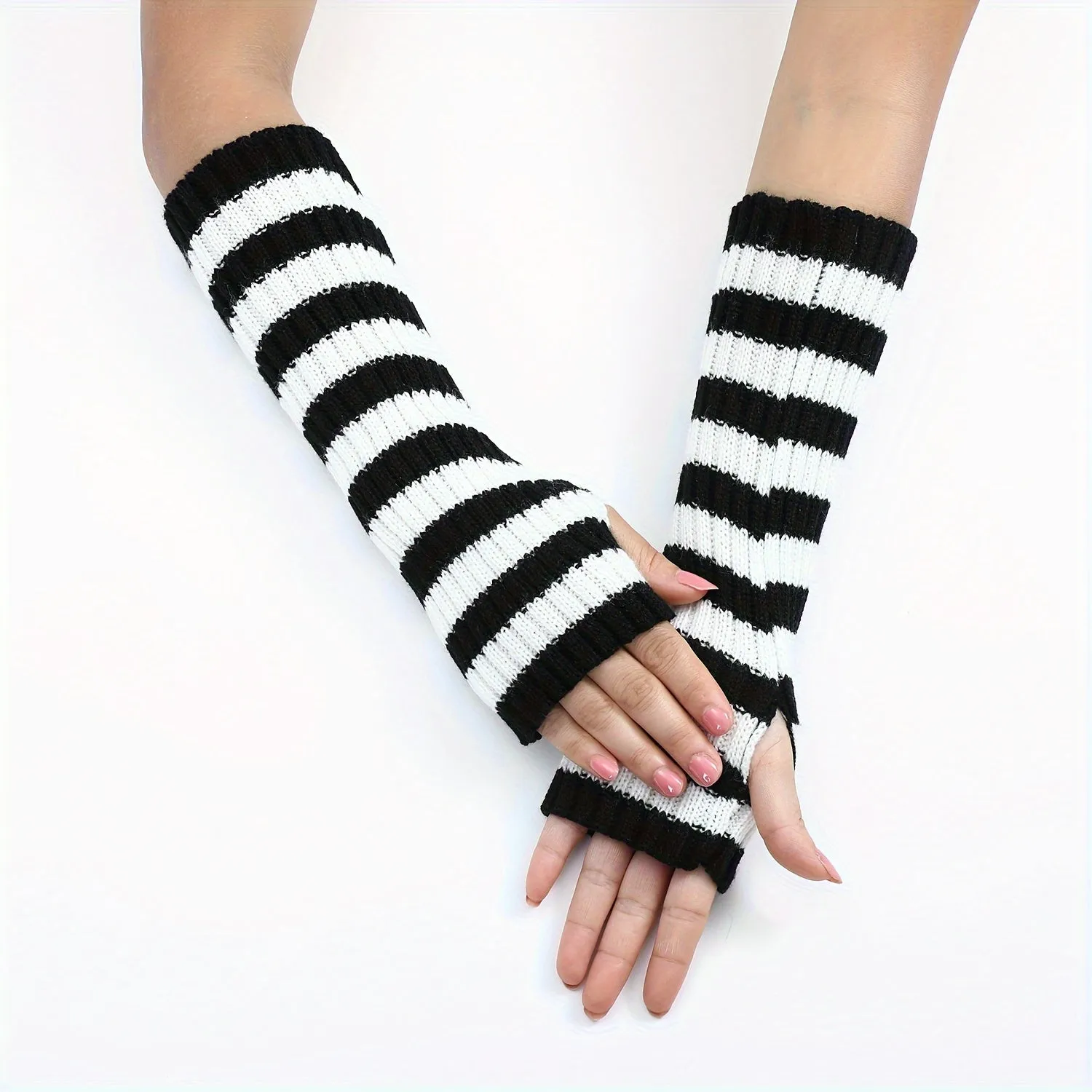 Long Thermal Striped Knit Gloves - Soft Elastic Cuff, Warm Arm Coverage, Fingerless Coldproof Design for Unisex - Perfect for Autumn and Winter Seasons