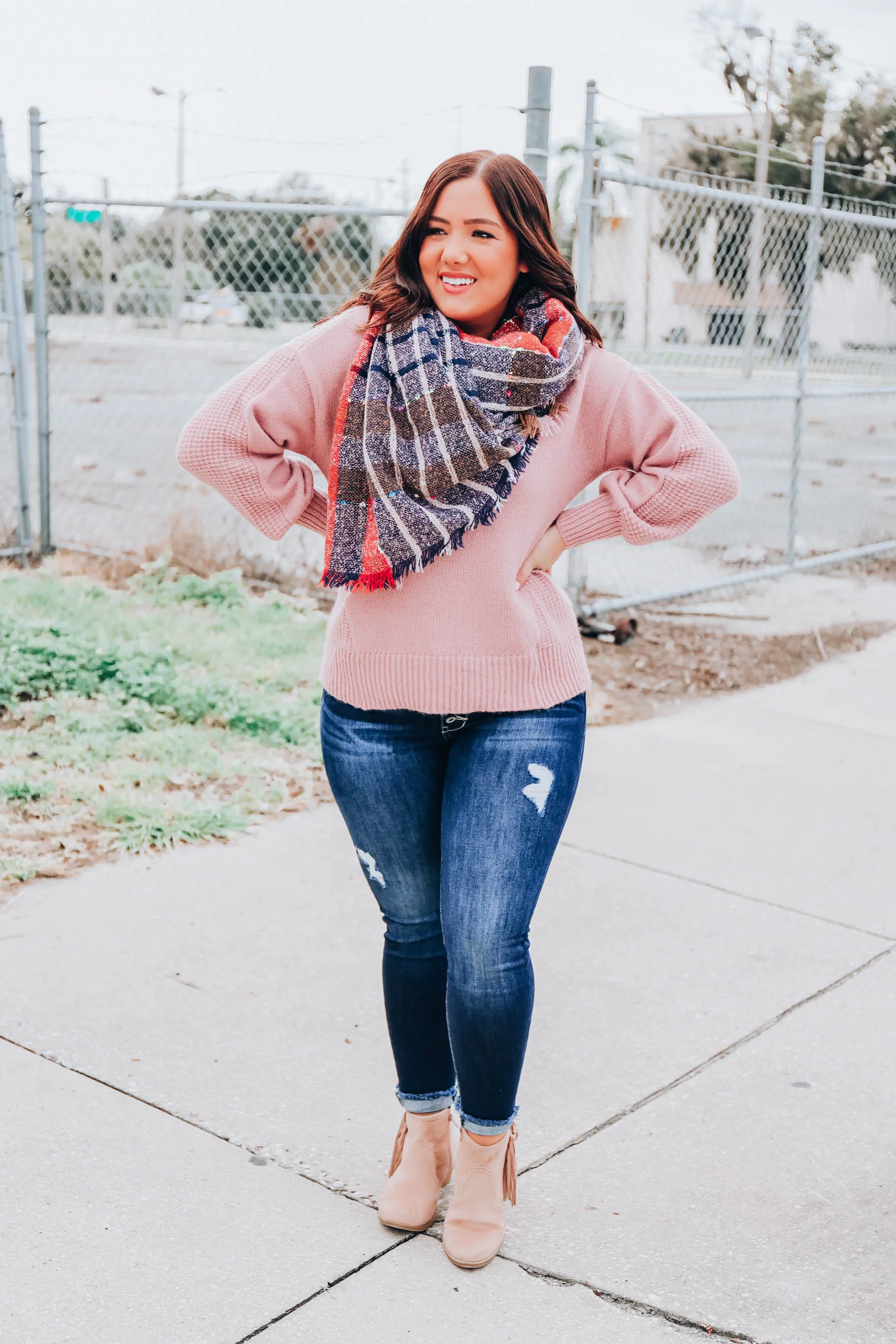 Madras Plaid Blanket Scarf - Navy