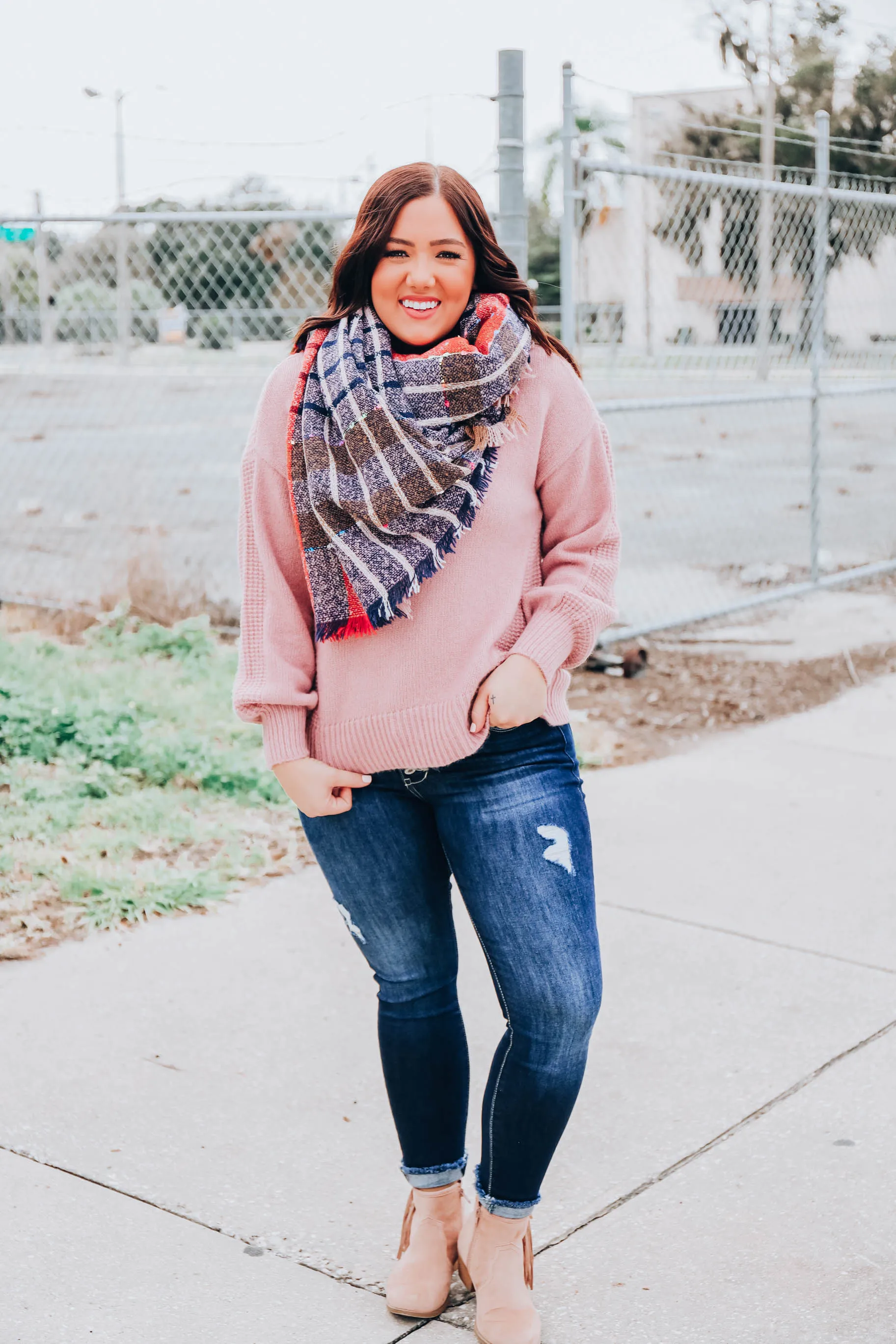 Madras Plaid Blanket Scarf - Navy