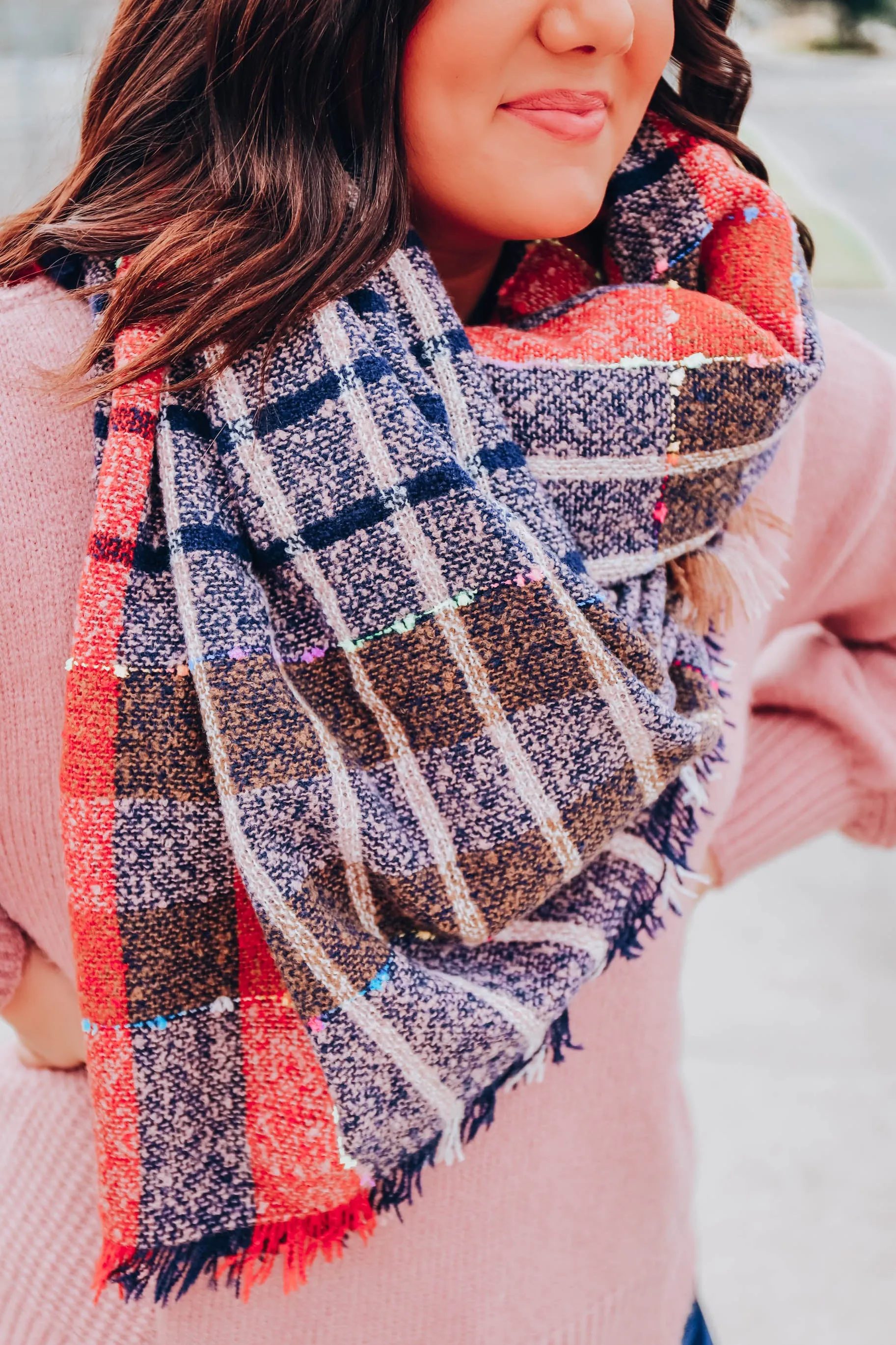 Madras Plaid Blanket Scarf - Navy