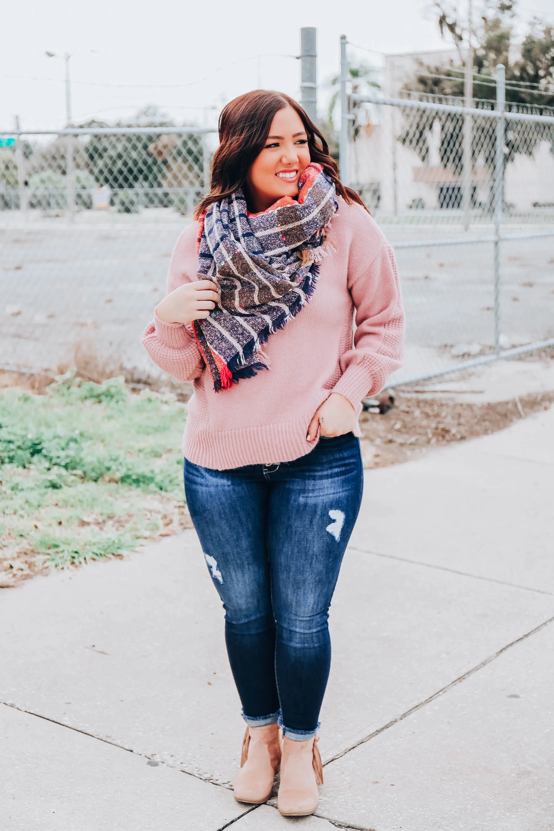 Madras Plaid Blanket Scarf - Navy