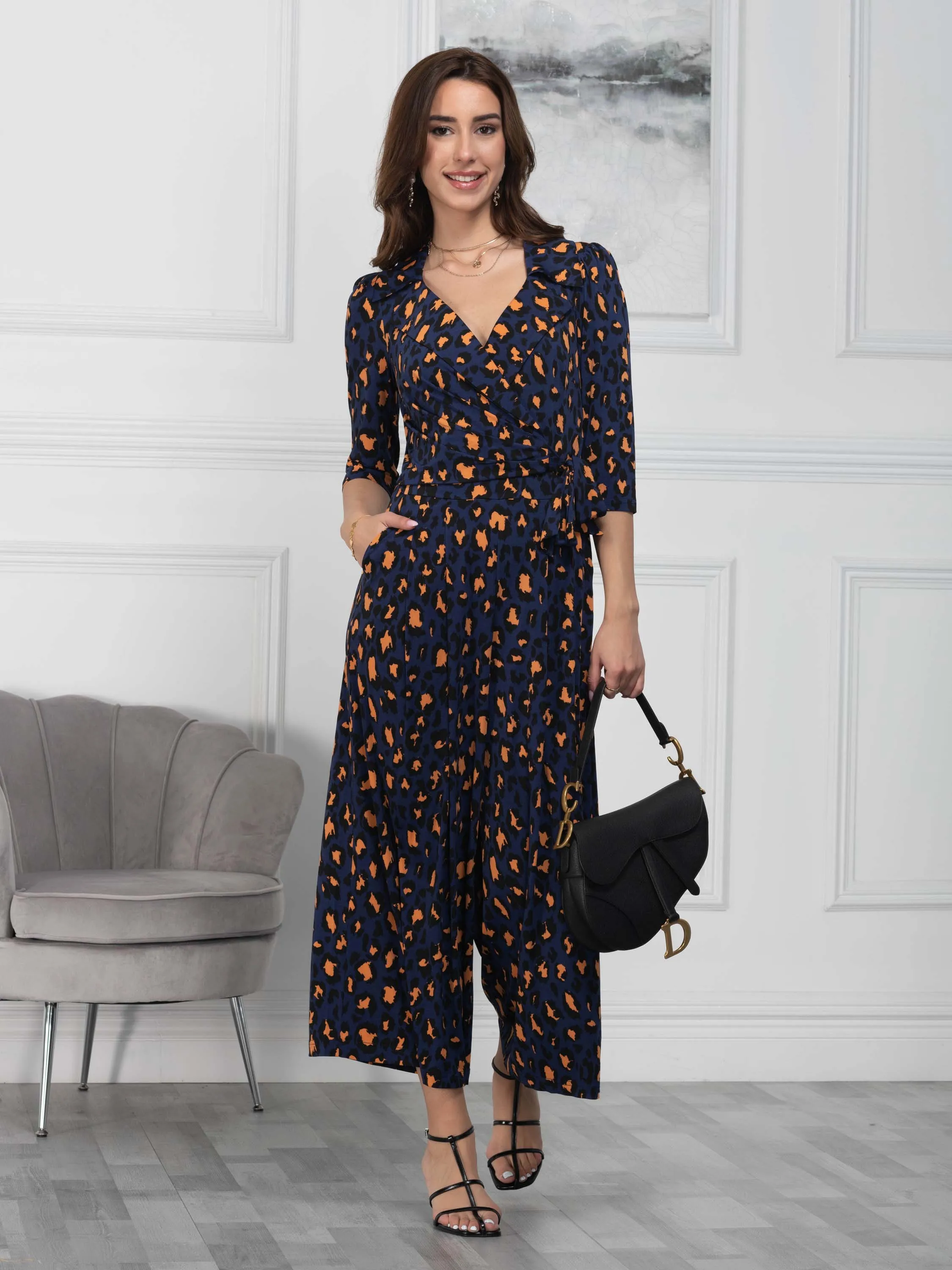 Melissa Print Shirt Jumpsuit, Navy Animal