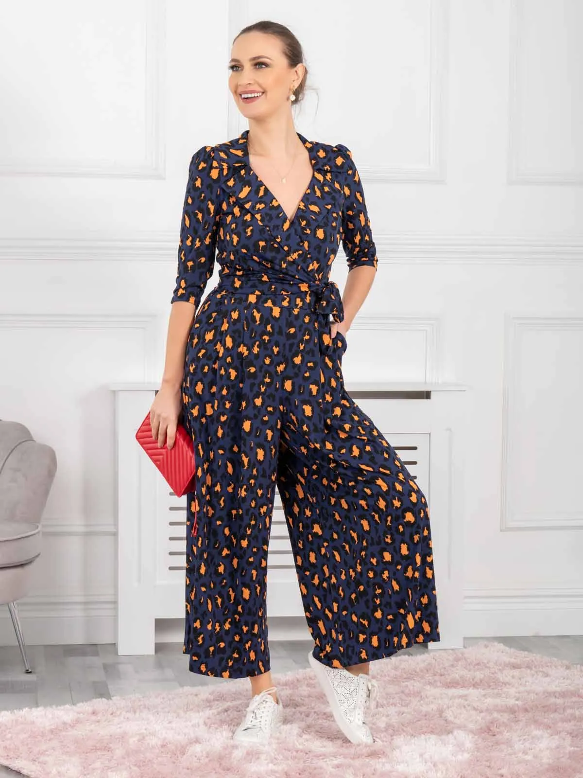 Melissa Print Shirt Jumpsuit, Navy Animal