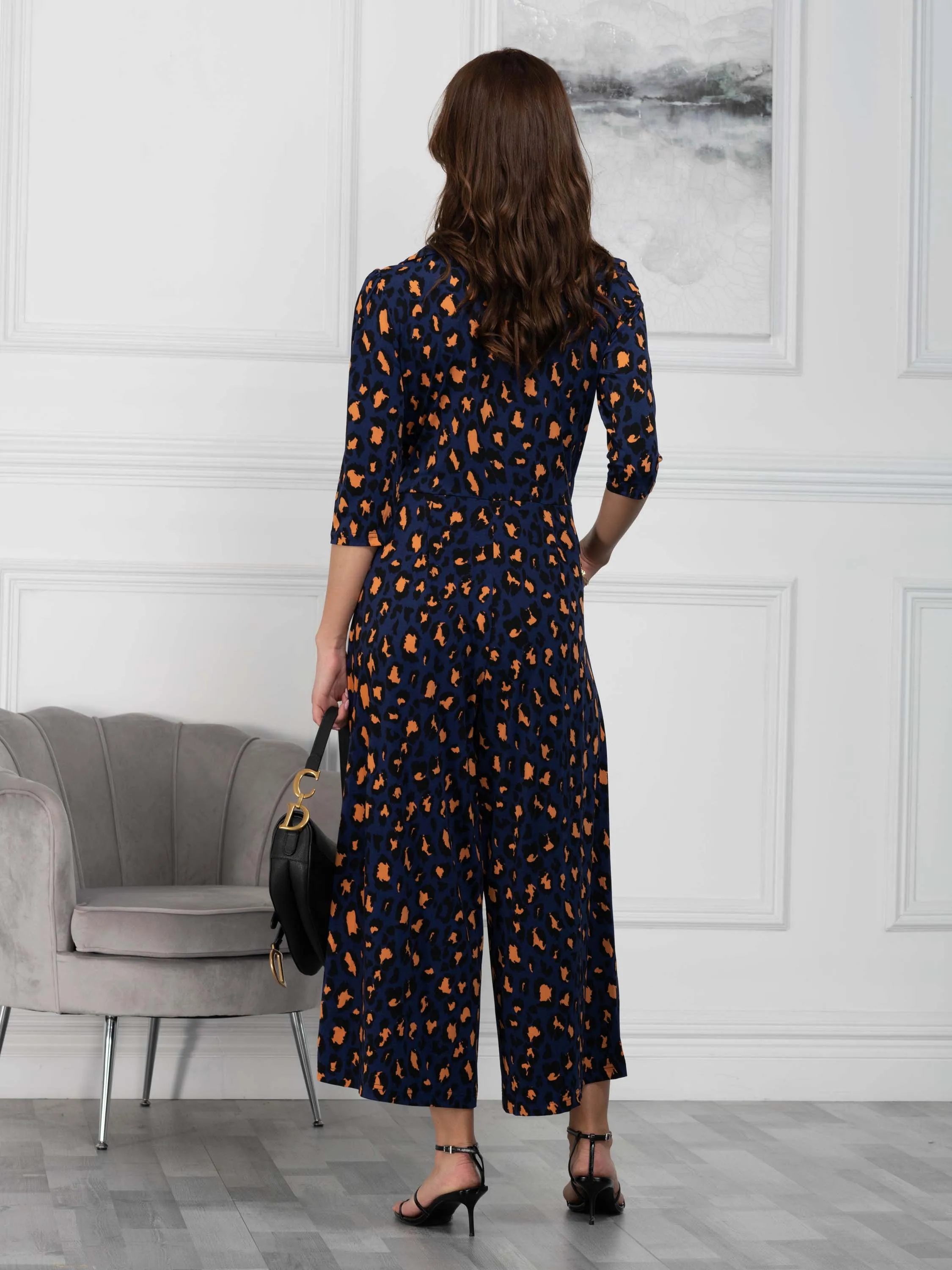 Melissa Print Shirt Jumpsuit, Navy Animal