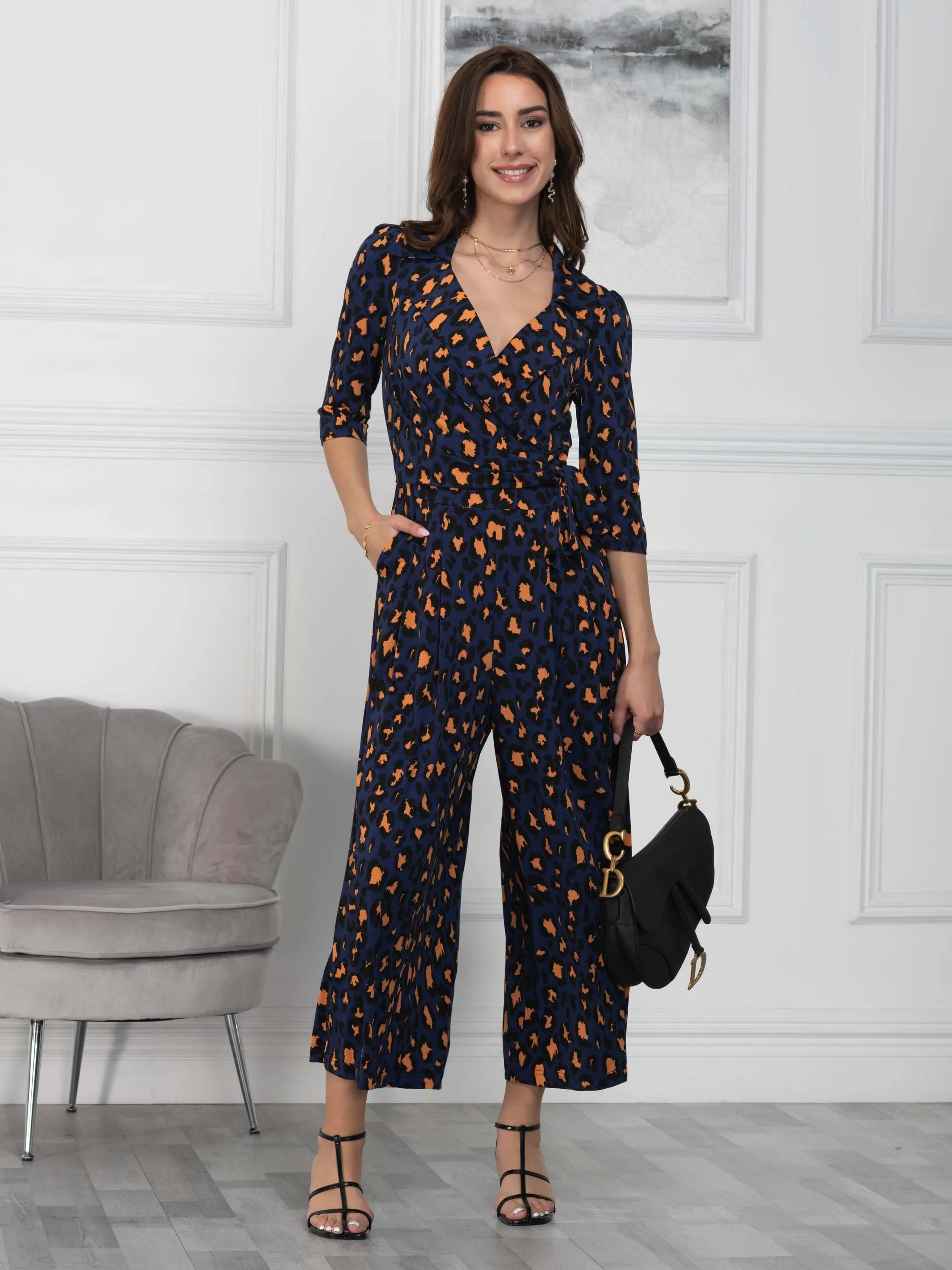 Melissa Print Shirt Jumpsuit, Navy Animal