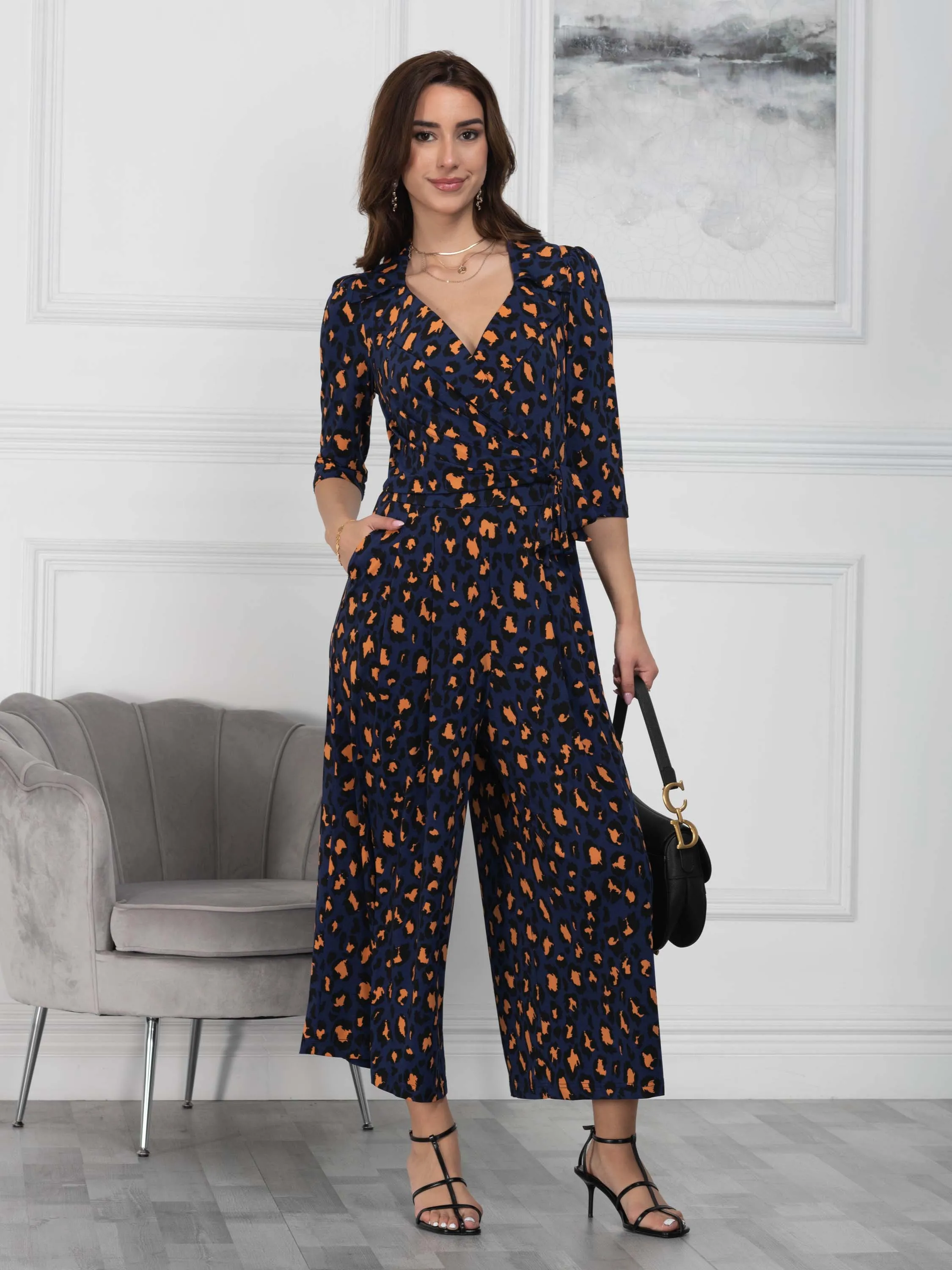 Melissa Print Shirt Jumpsuit, Navy Animal