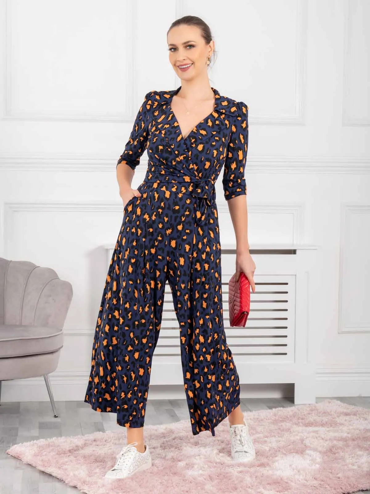 Melissa Print Shirt Jumpsuit, Navy Animal