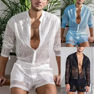 Men's Clothing Fashion Suit Men 2pcs Clothes Set Hollow Out Sexy Lace Short Sleeve Casual T Shirt Top Shorts Summer Solid Color