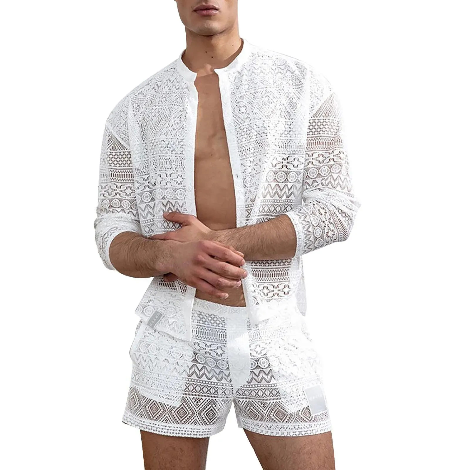 Men's Clothing Fashion Suit Men 2pcs Clothes Set Hollow Out Sexy Lace Short Sleeve Casual T Shirt Top Shorts Summer Solid Color