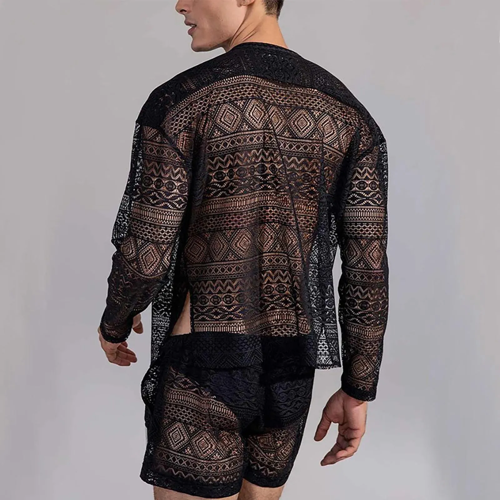 Men's Clothing Fashion Suit Men 2pcs Clothes Set Hollow Out Sexy Lace Short Sleeve Casual T Shirt Top Shorts Summer Solid Color