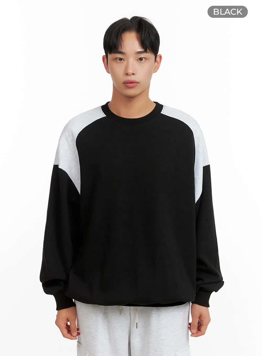 Men's Cozy Contrasting Crewneck Sweatshirt (Black) IU414