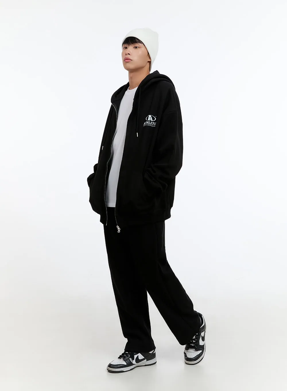 Men's Two-Way Zip-Up Lettered Hoodie (Black) IS412