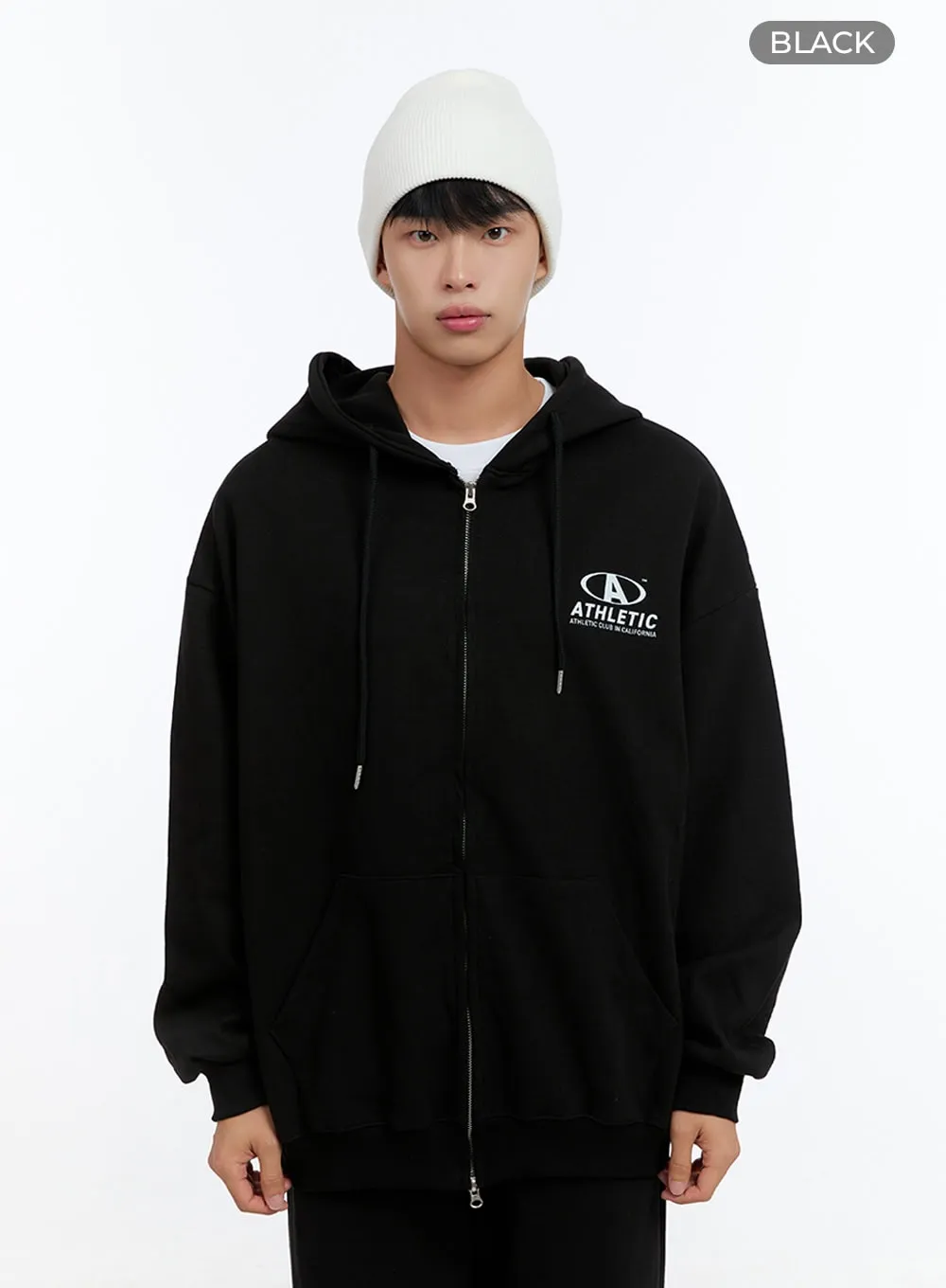 Men's Two-Way Zip-Up Lettered Hoodie (Black) IS412