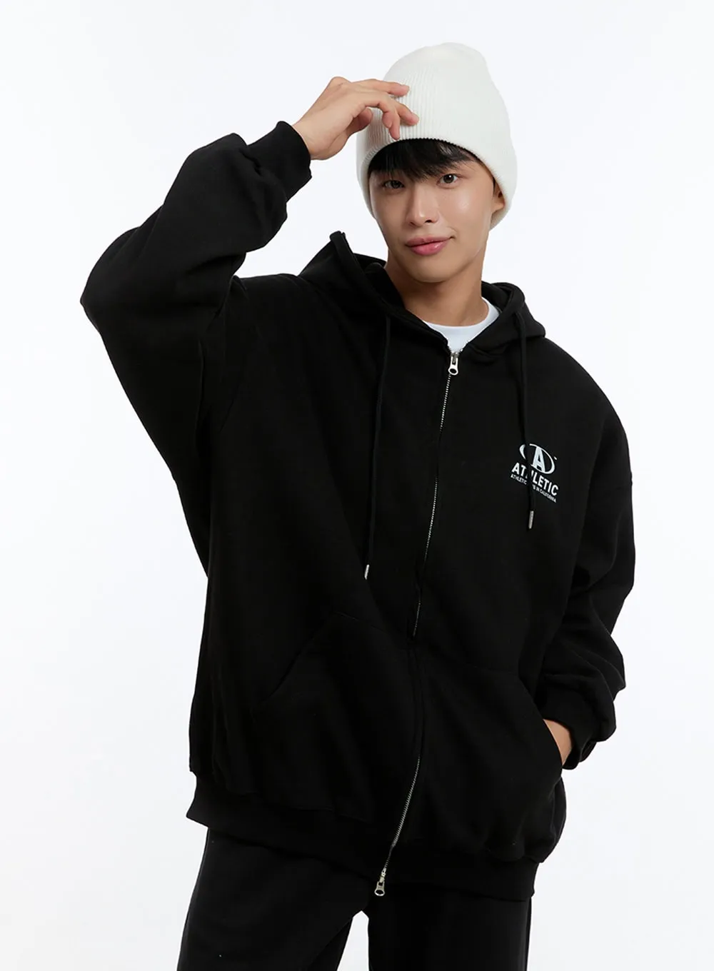 Men's Two-Way Zip-Up Lettered Hoodie (Black) IS412