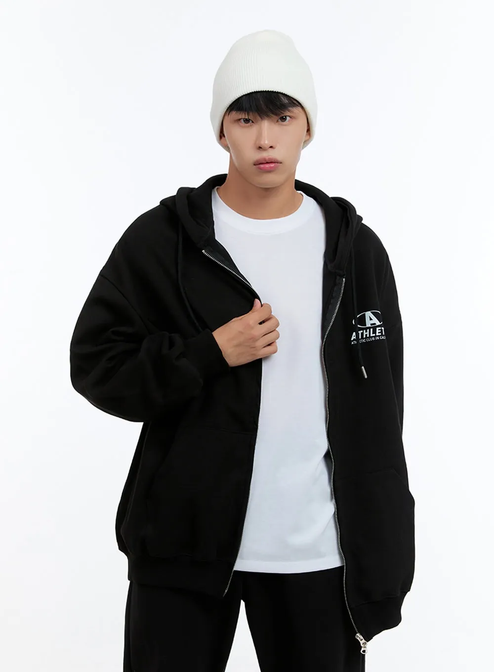 Men's Two-Way Zip-Up Lettered Hoodie (Black) IS412