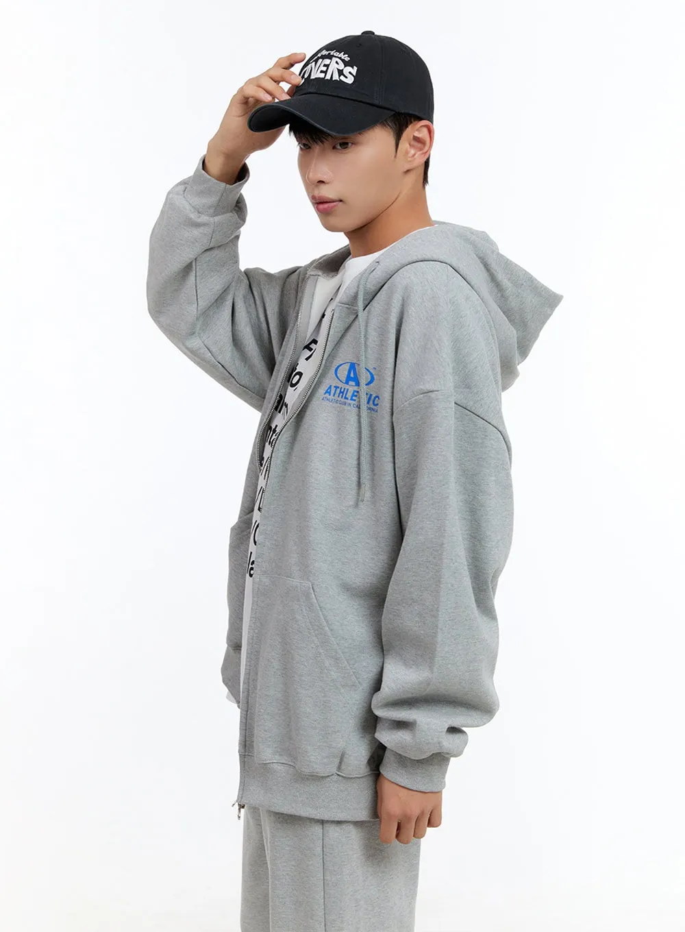 Men's Two-Way Zip-Up Lettered Hoodie (Gray) IS413