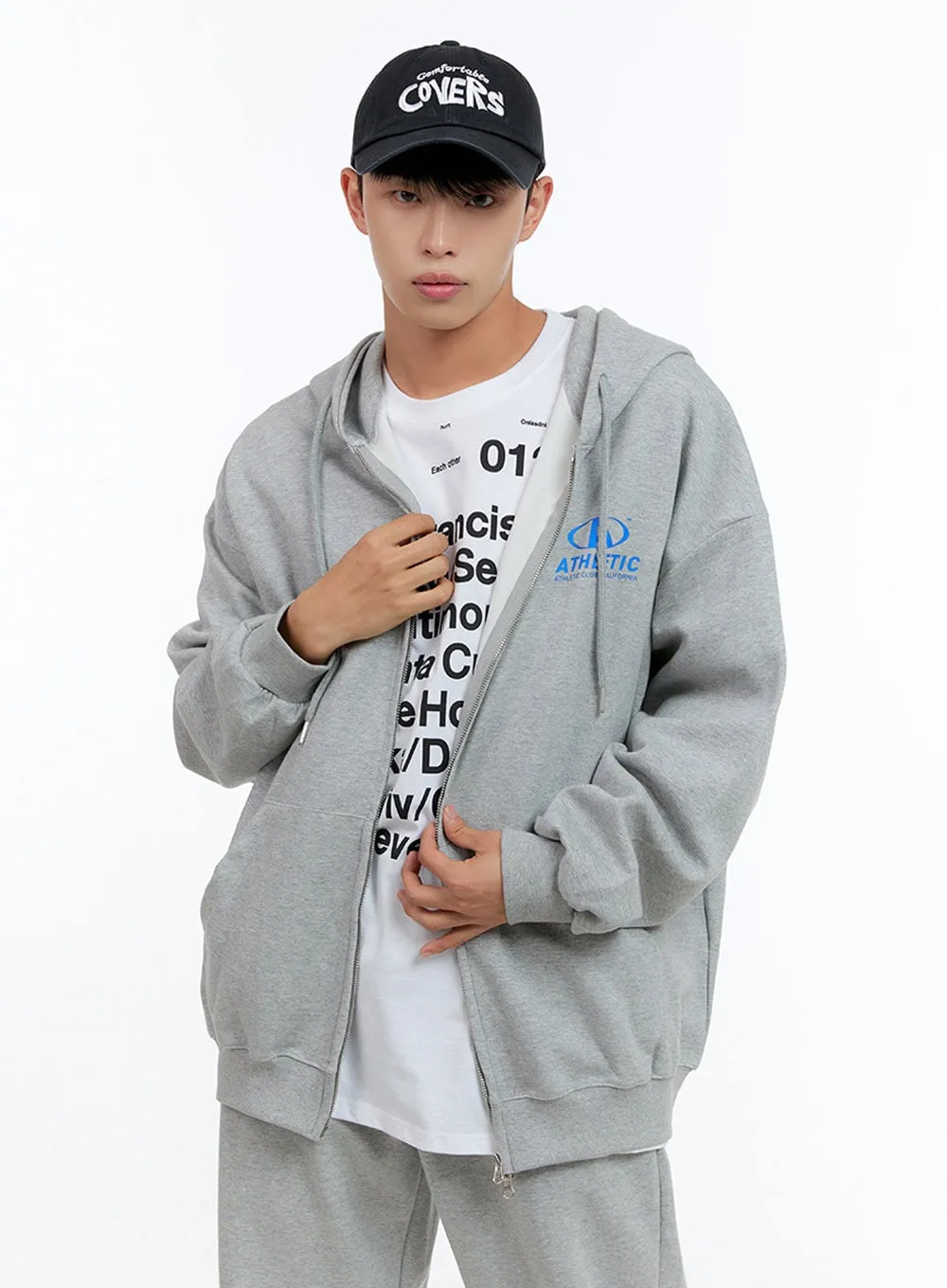 Men's Two-Way Zip-Up Lettered Hoodie (Gray) IS413