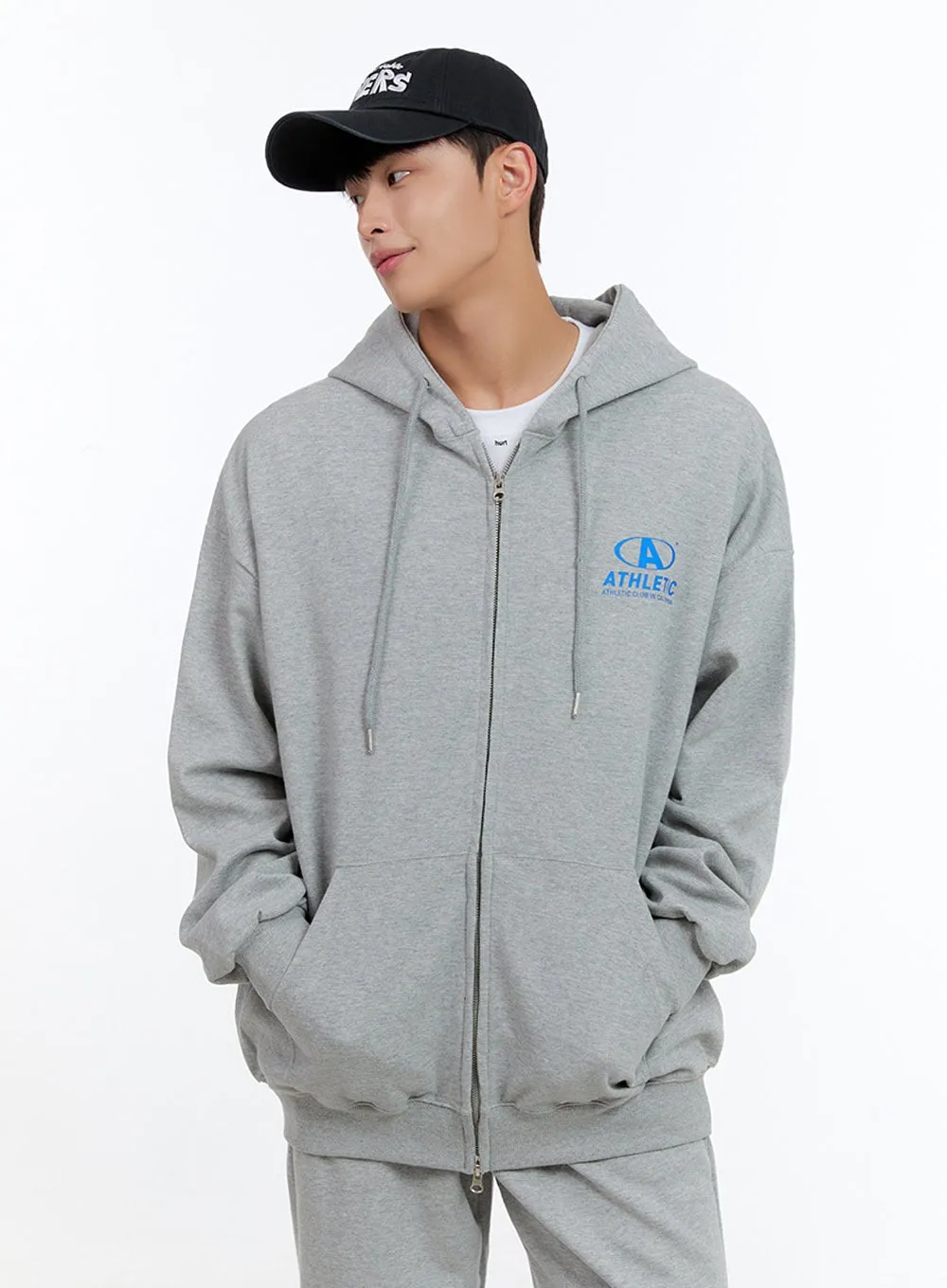 Men's Two-Way Zip-Up Lettered Hoodie (Gray) IS413