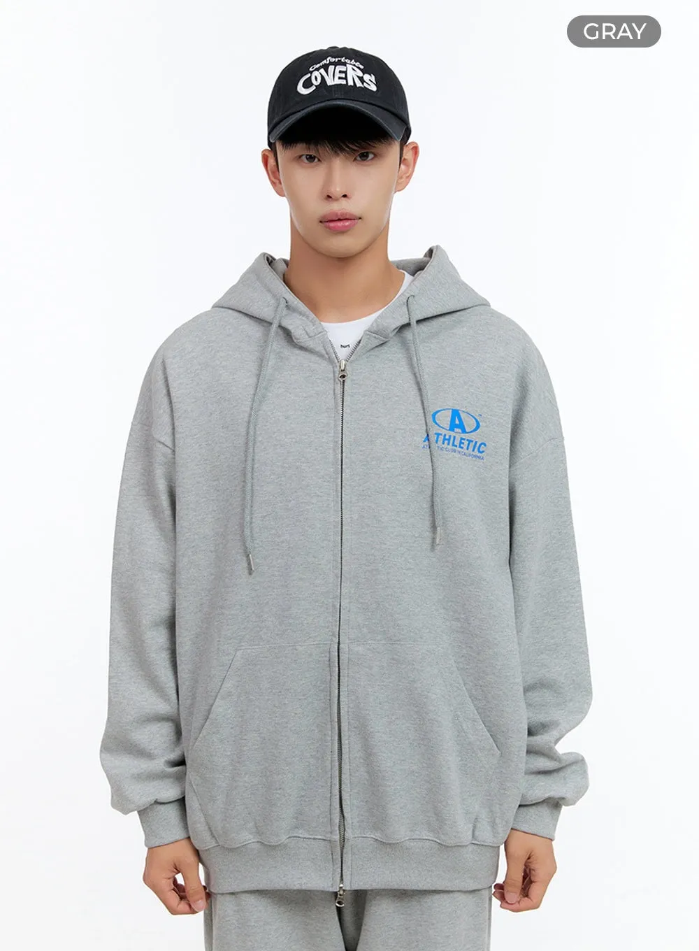 Men's Two-Way Zip-Up Lettered Hoodie (Gray) IS413