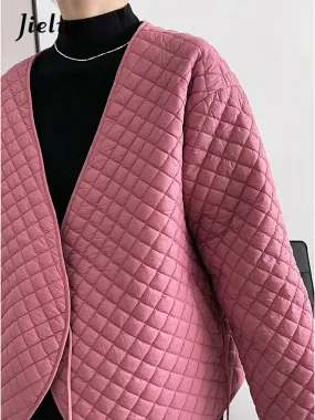 Metaversmall Women Autumn Parkas Coat Jackets Female Simple Loose Chic Korean V-Neck Diamond Plaid Long Sleeve Warm Pink Jacket Woman