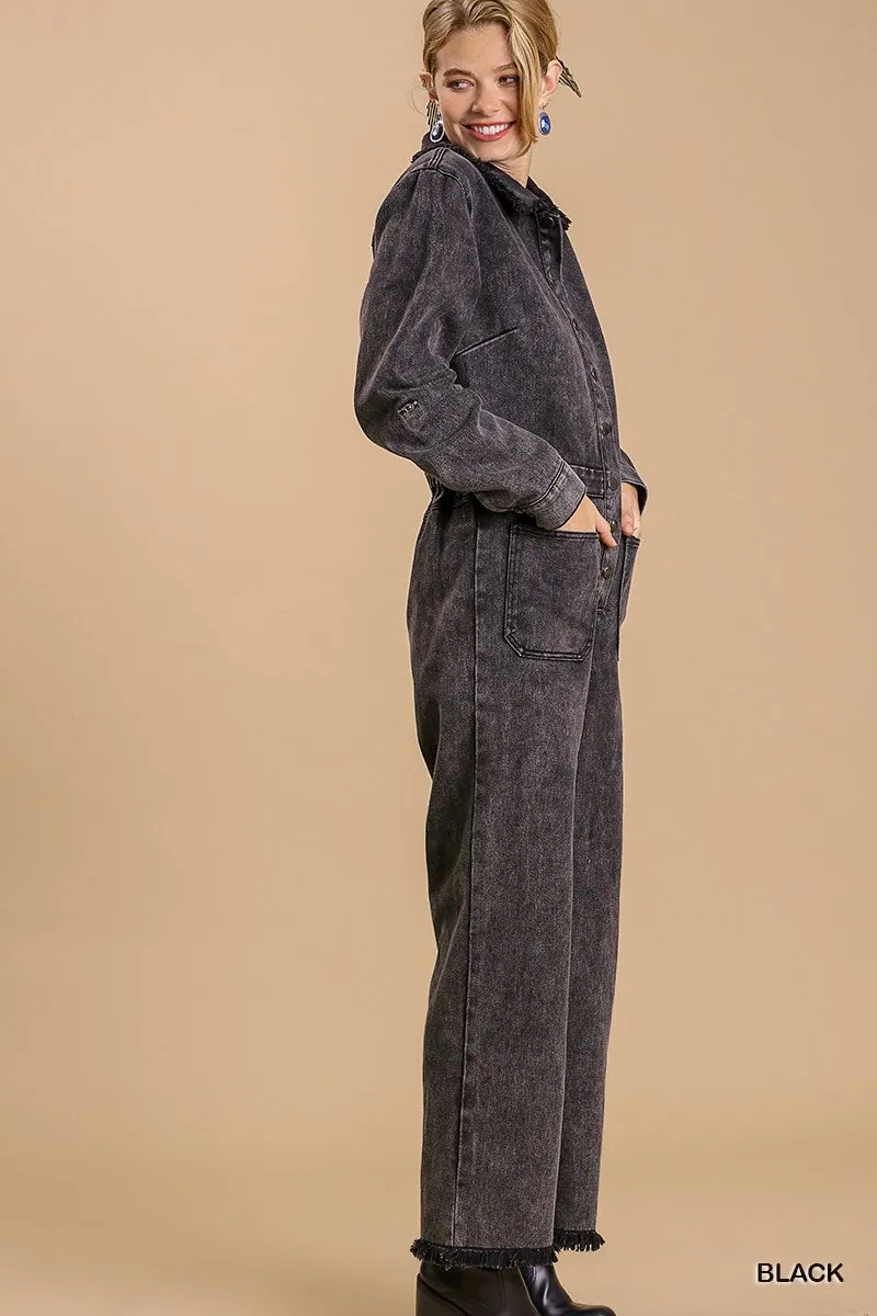 Mid Button Stone wash Distressed Jumpsuit - Ships from The US