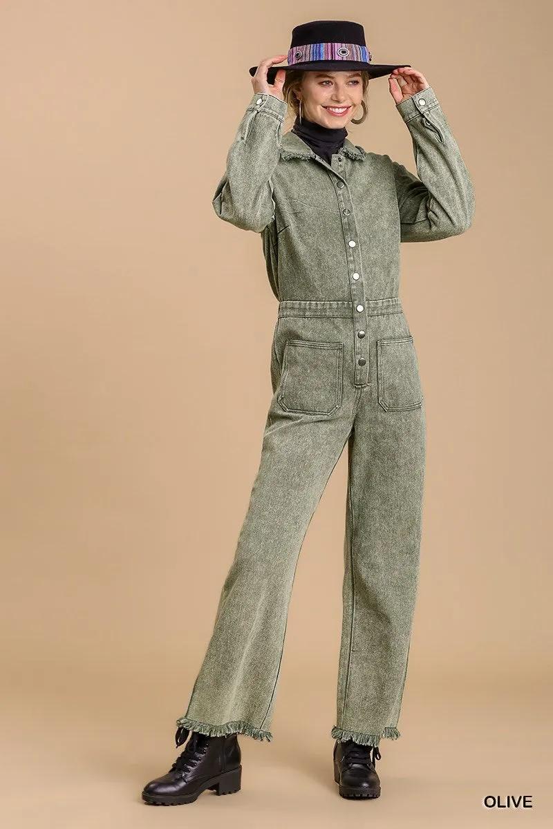 Mid Button Stone wash Distressed Jumpsuit - Ships from The US