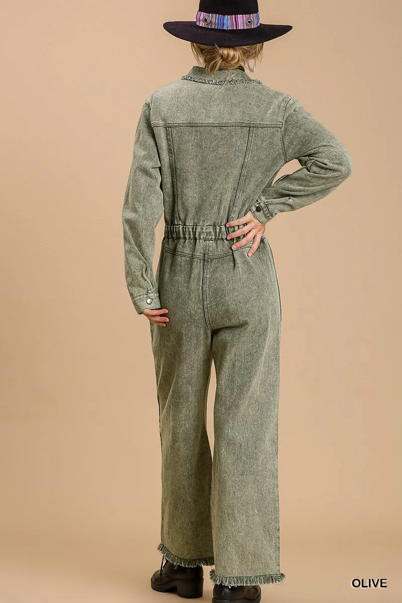 Mid Button Stone wash Distressed Jumpsuit - Ships from The US