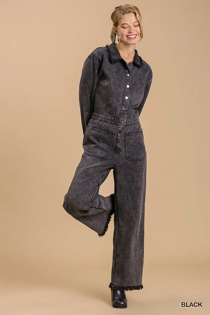 Mid Button Stone wash Distressed Jumpsuit - Ships from The US