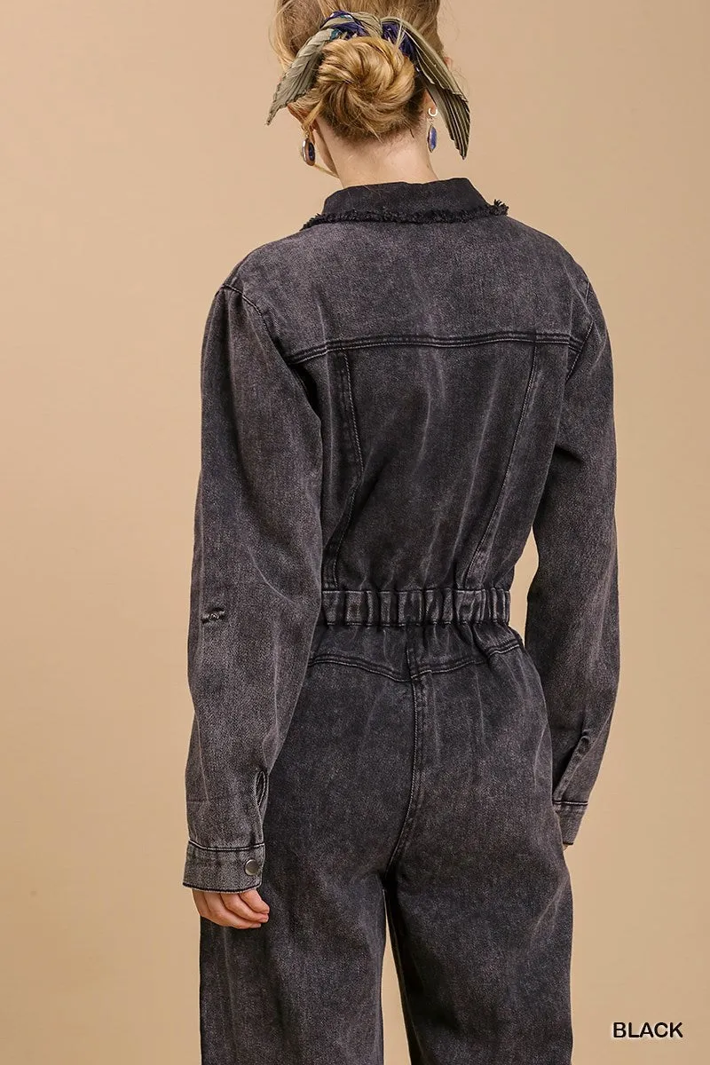 Mid Button Stone wash Distressed Jumpsuit - Ships from The US