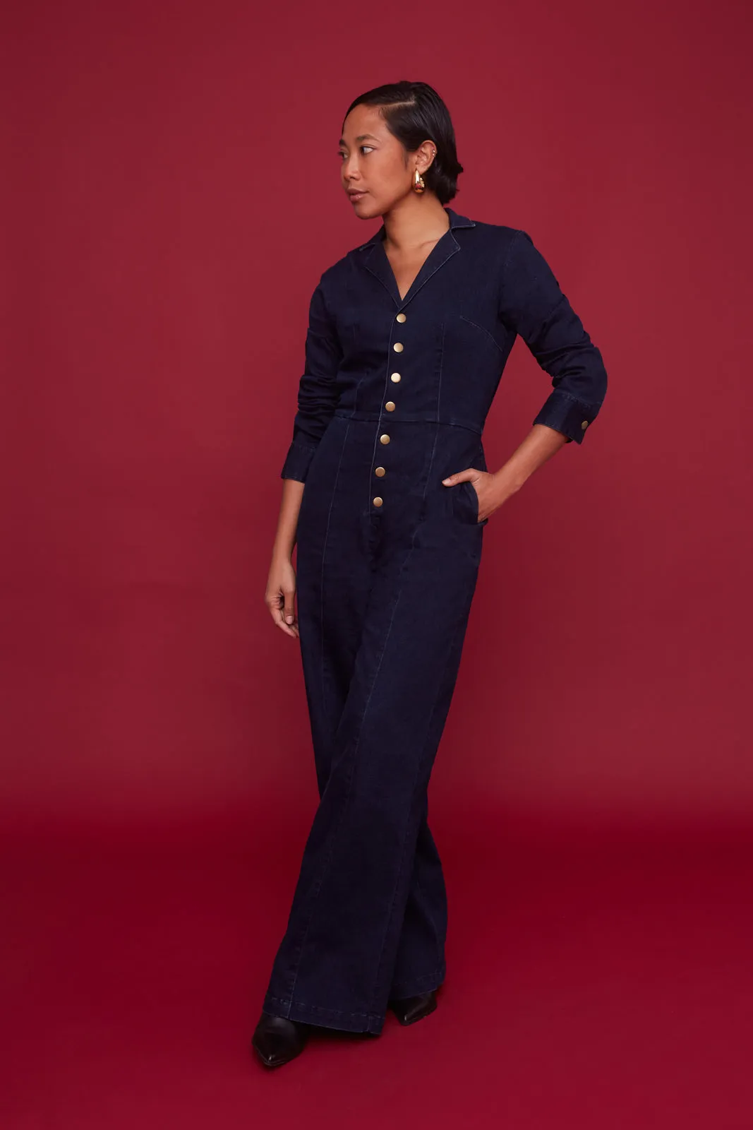 Midnight Denim Long-Sleeve Jumpsuit (Final Sale)