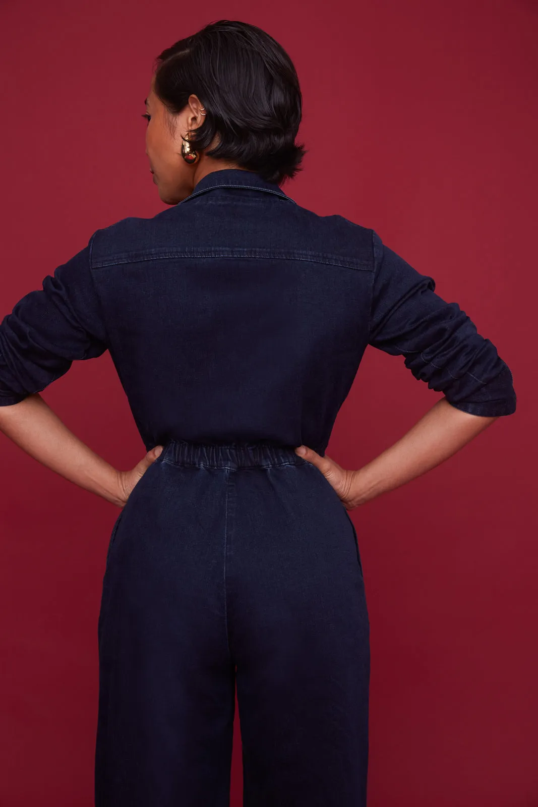 Midnight Denim Long-Sleeve Jumpsuit (Final Sale)