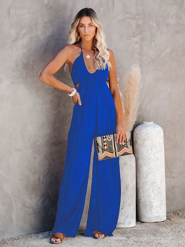 Midsummer street trendy ladies solid color U-neck suspenders backless jumpsuit wide-leg casual pants