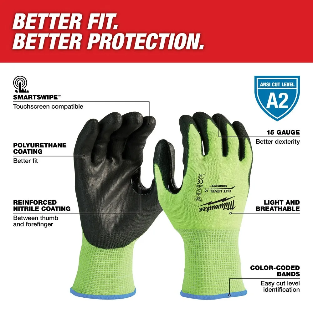 Milwaukee 48-73-8921 High Visibility Cut Level 2 Polyurethane Dipped Safety Gloves - Medium