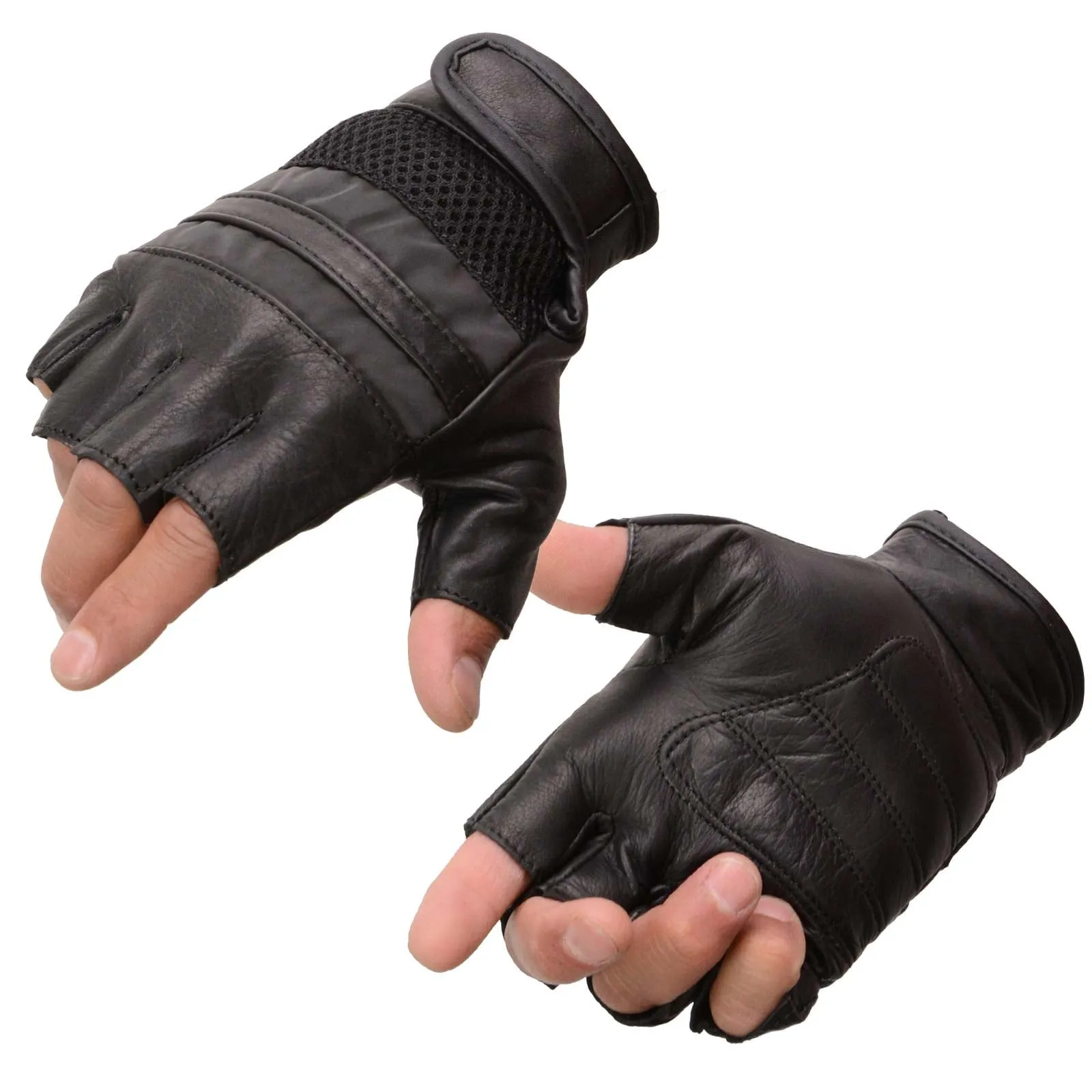 Milwaukee Leather MG7548 Men's Black Leather Mesh Gel Palm Fingerless