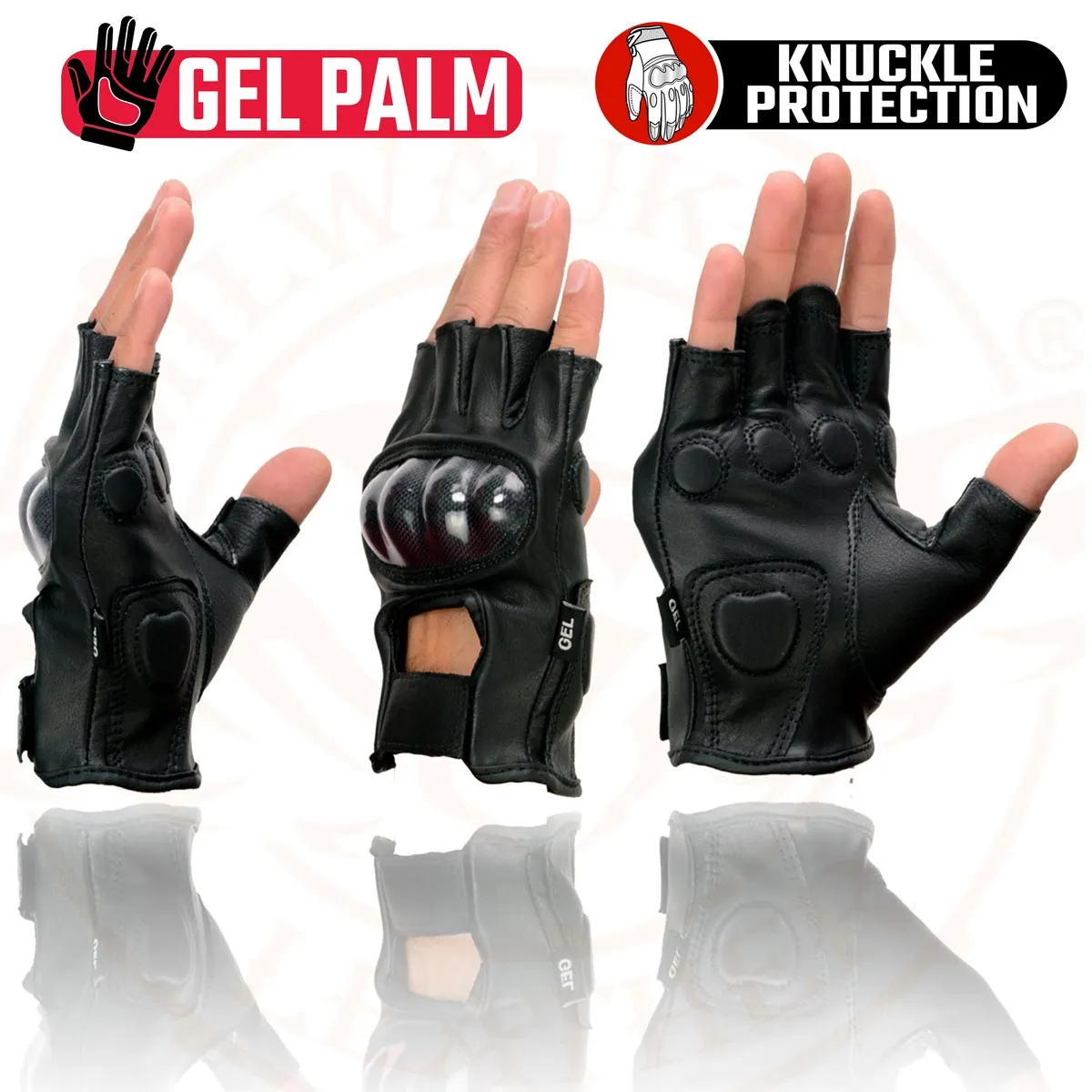 Milwaukee Leather MG7555 Men's Black Leather Gel Padded Fingerless Motorcycle Gloves w/ Knuckle Protection