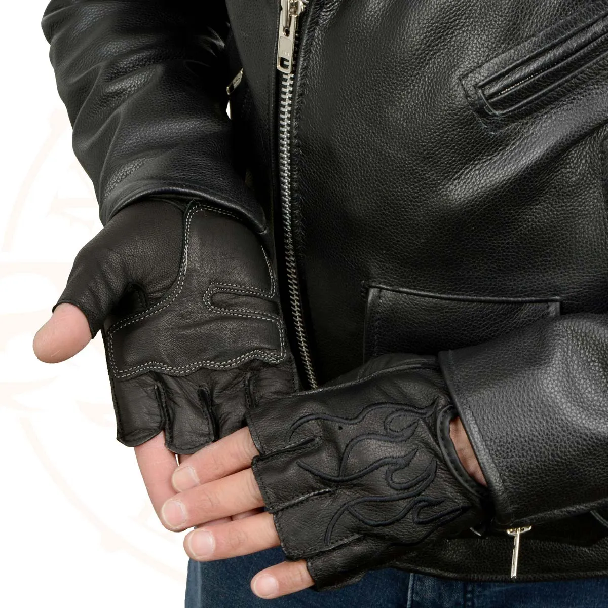 Milwaukee Leather SH198 Men's Black Leather Gel Padded Palm Fingerless Motorcycle Hand Gloves W/ ‘Black Flame Embroidered’