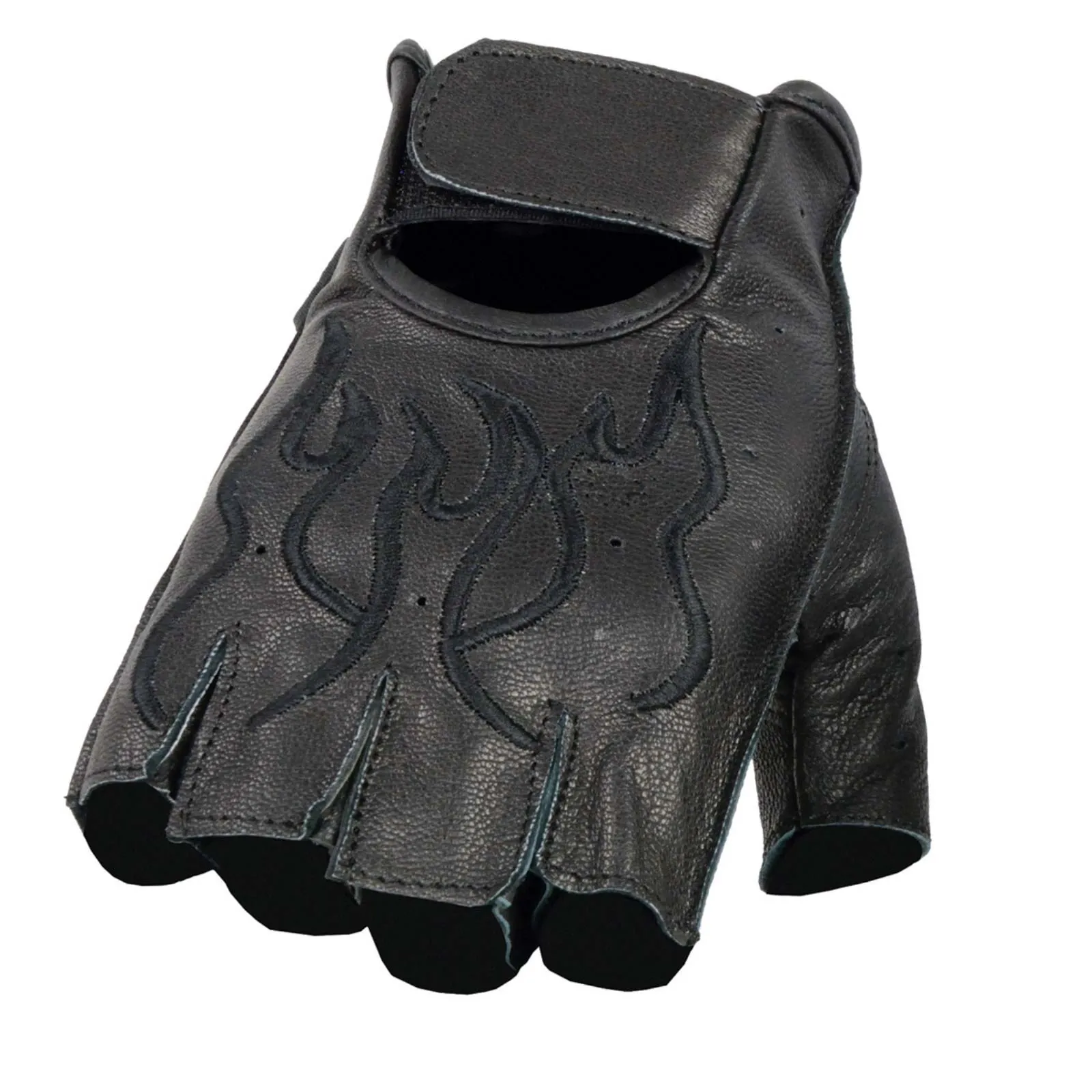 Milwaukee Leather SH198 Men's Black Leather Gel Padded Palm Fingerless Motorcycle Hand Gloves W/ ‘Black Flame Embroidered’