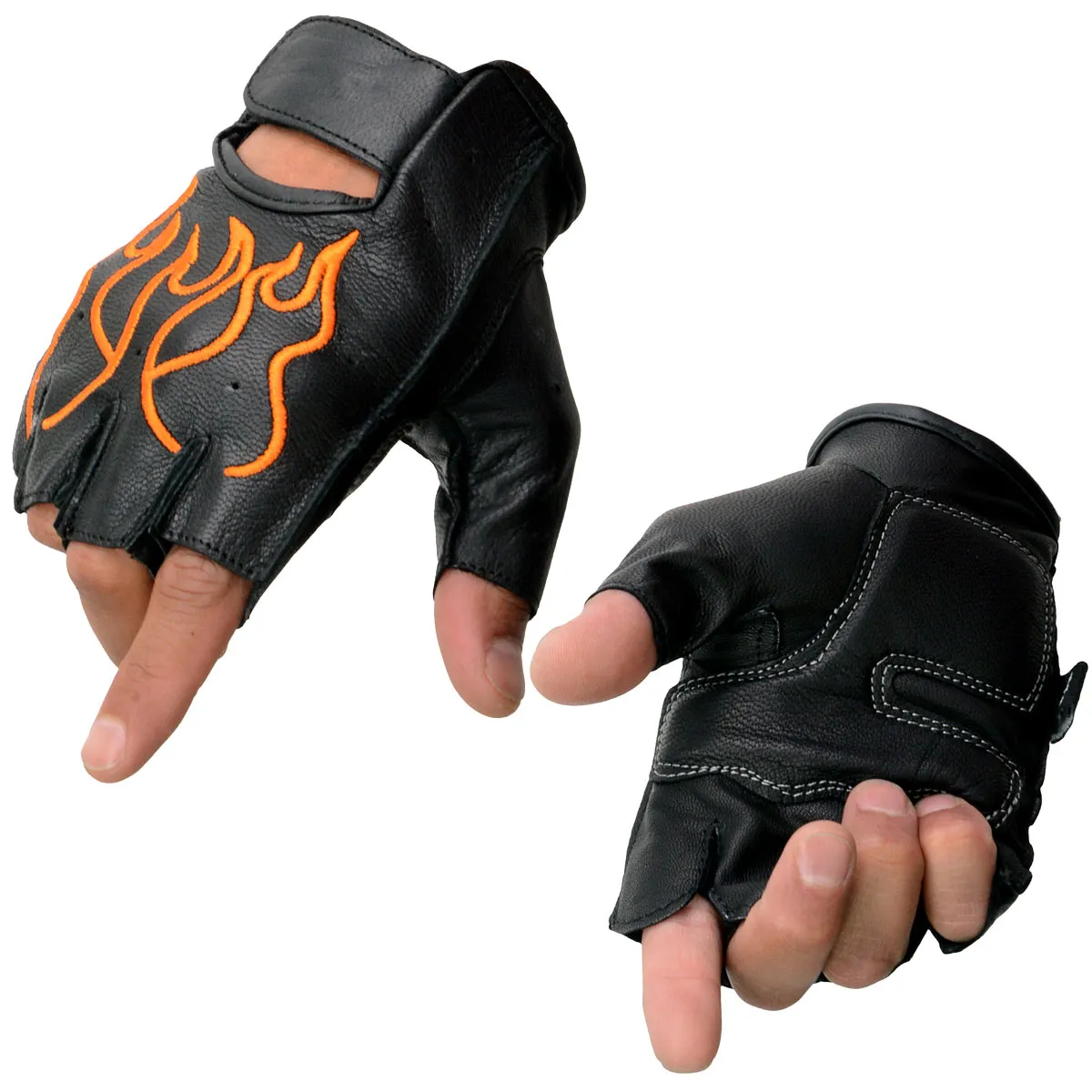 Milwaukee Leather SH198 Men's Black Leather Gel Padded Palm Fingerless Motorcycle Hand Gloves W/ ‘Orange Flame Embroidered’