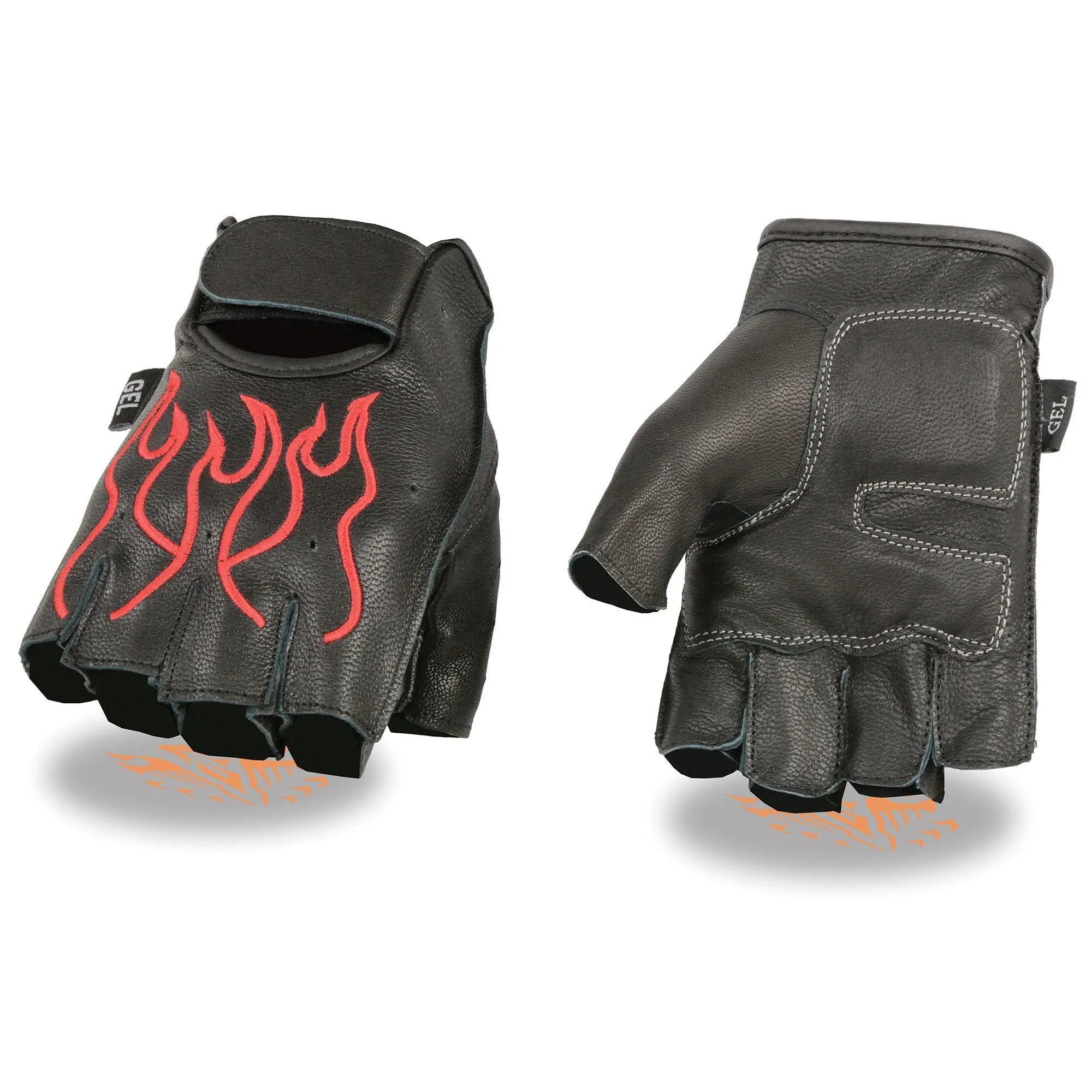 Milwaukee Leather SH198 Men's Black Leather Gel Padded Palm Fingerless Motorcycle Hand Gloves W/ ‘Red Flame Embroidered’