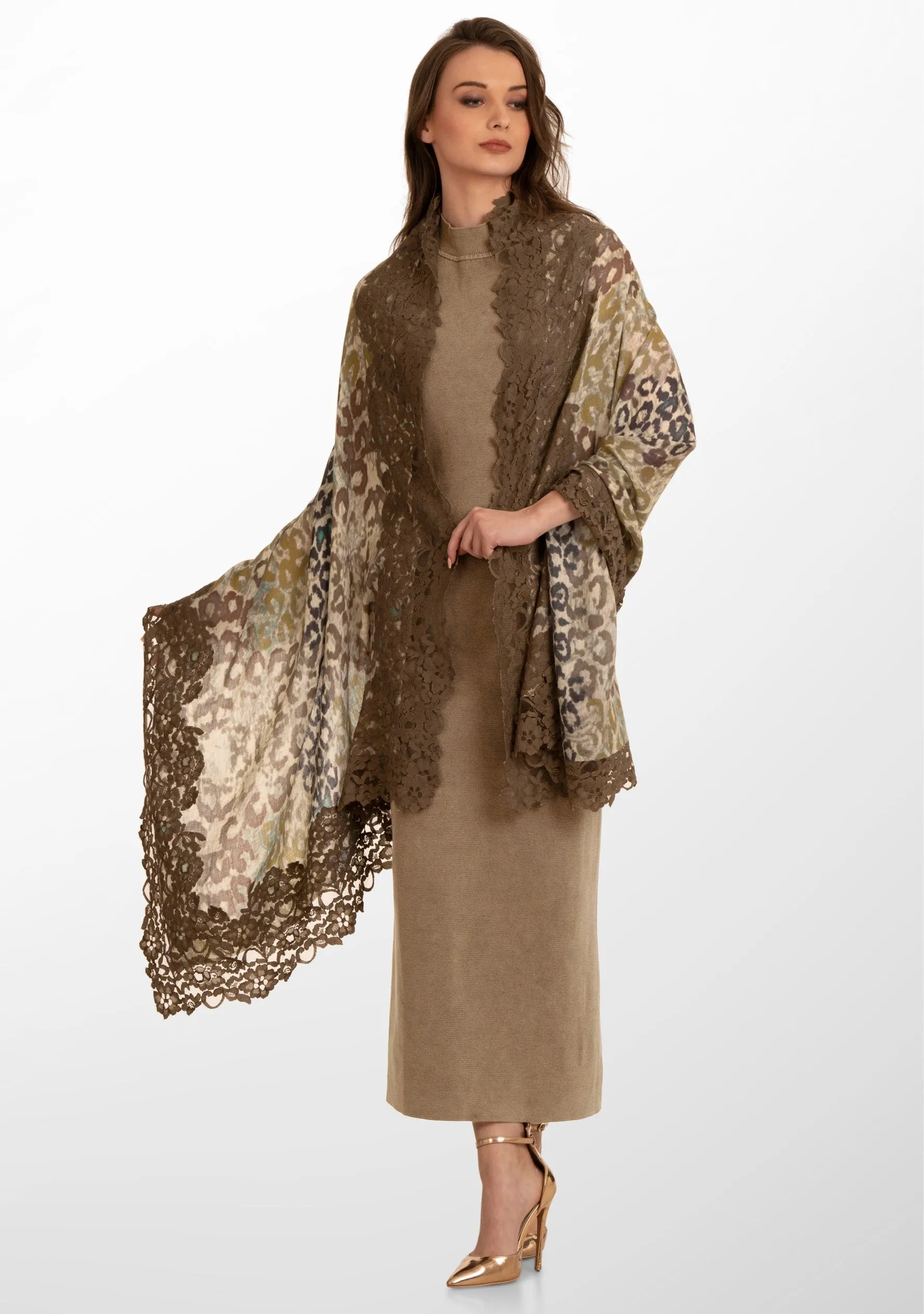 Multi Khaki Leopard Print Wool and Silk Scarf with a Khaki Floral Lace Border