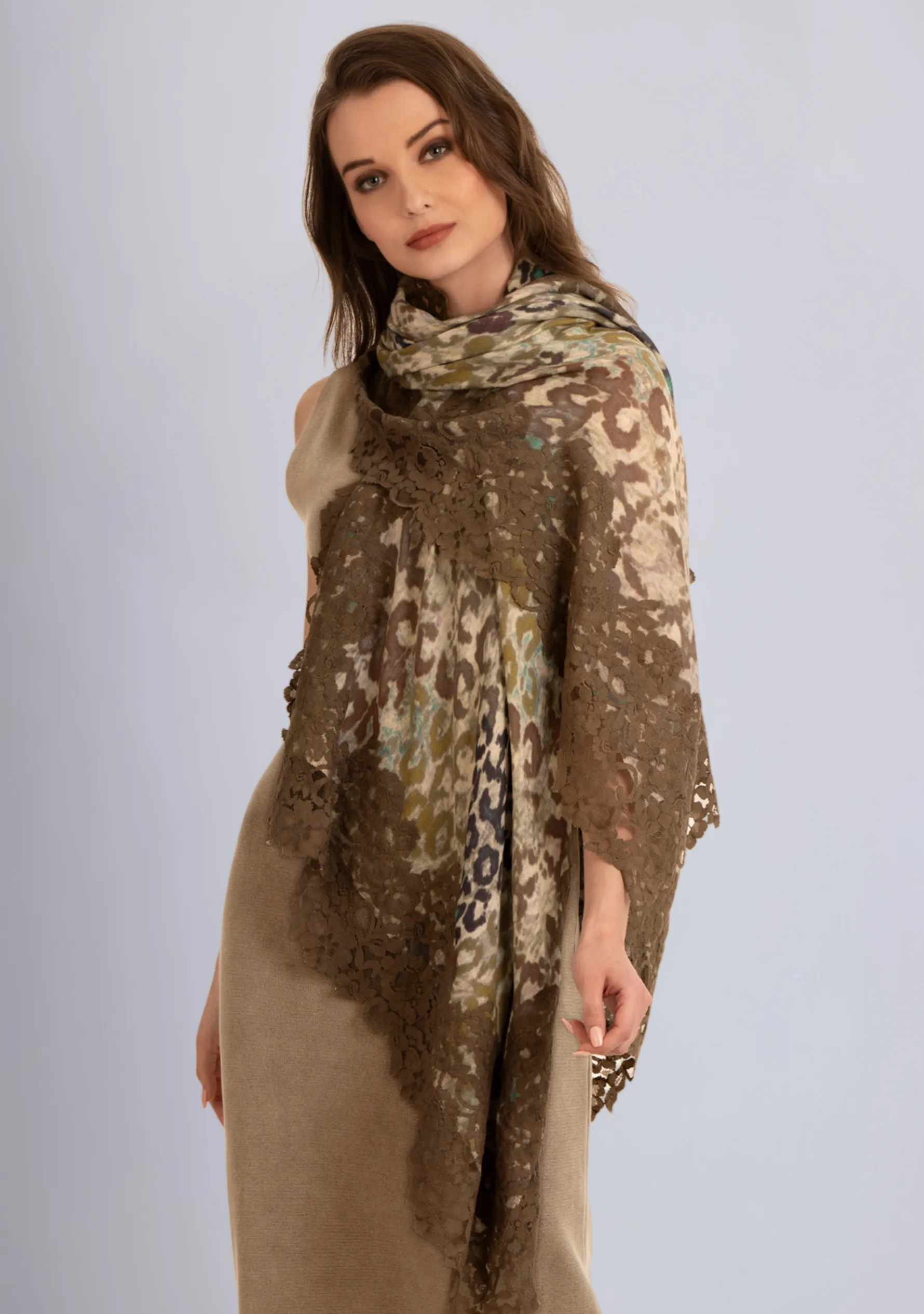 Multi Khaki Leopard Print Wool and Silk Scarf with a Khaki Floral Lace Border